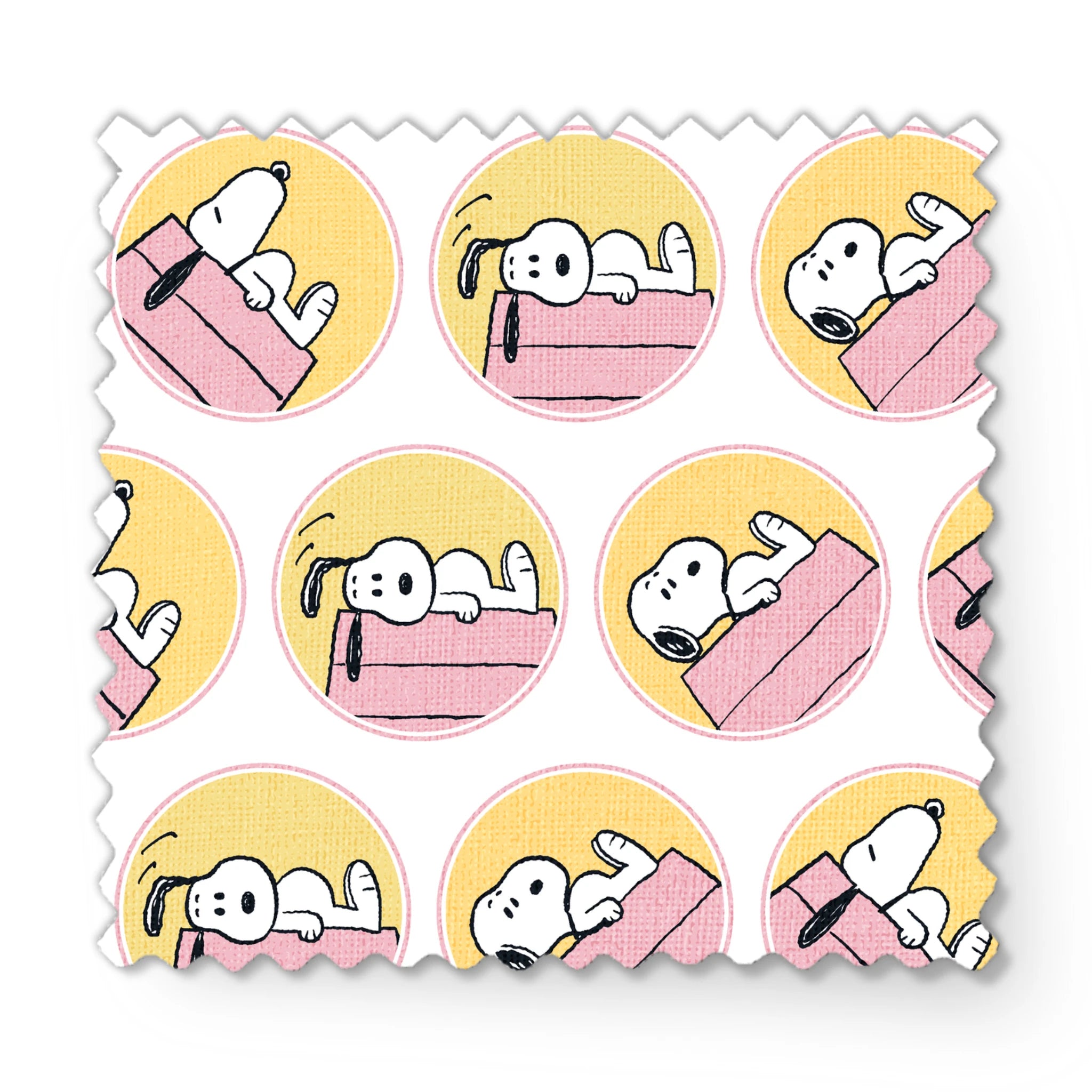 Snoopy lounging on pink doghouse roof in various poses, arranged in circular yellow frames fabric swatch mockup