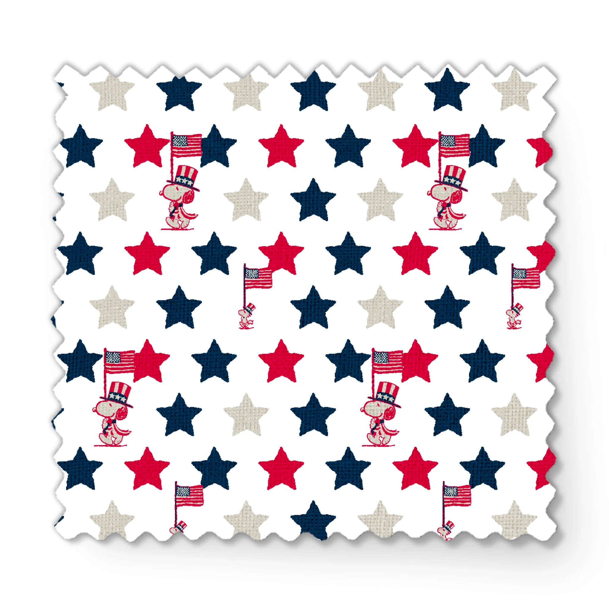 Peanuts Patriotic pattern with red, white, and blue stars alongside American flag poles on white background fabric swatch mockup