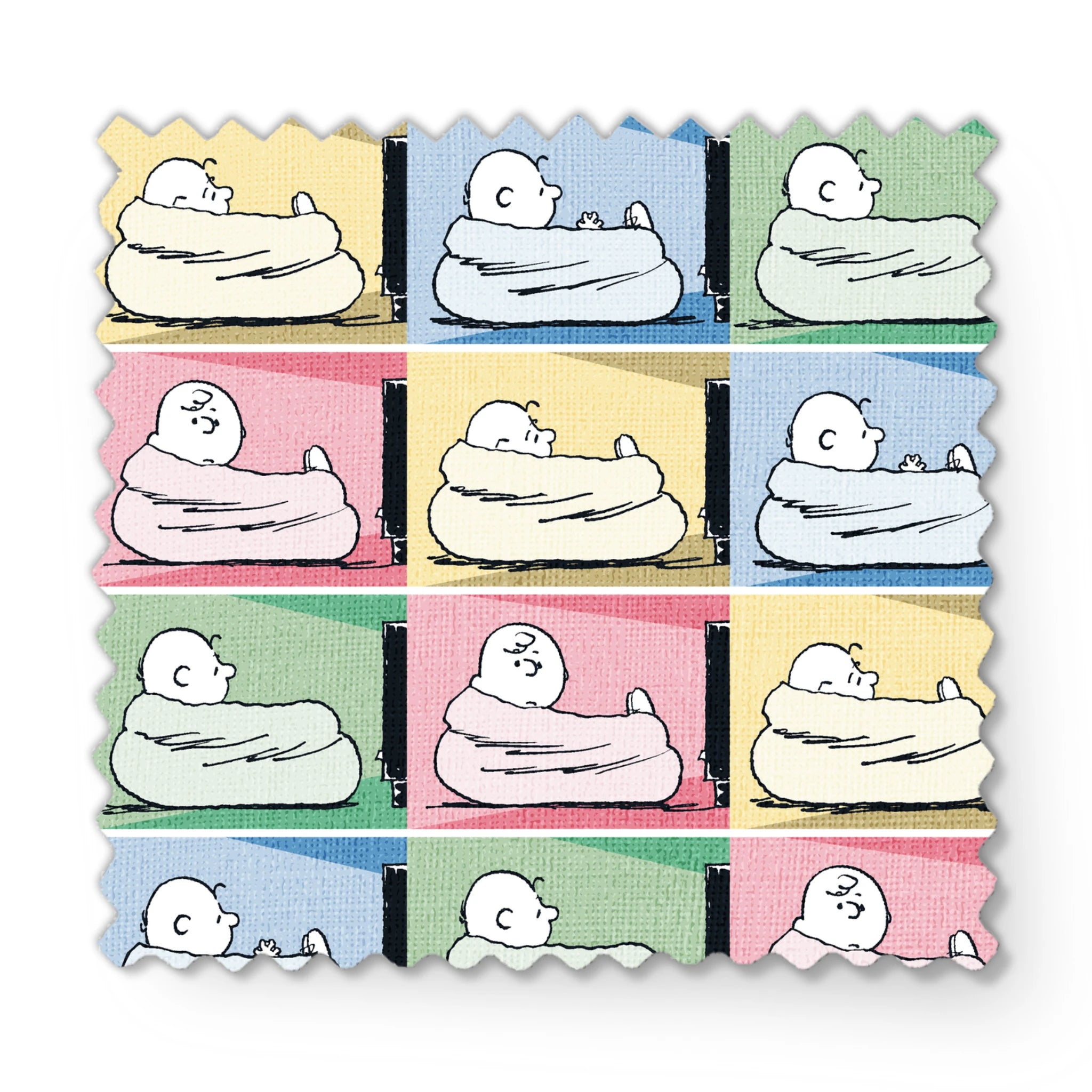 Charlie Brown resting on a white bed/nest in a grid of 12 colorful panels with pastel backgrounds. fabric swatch mockup