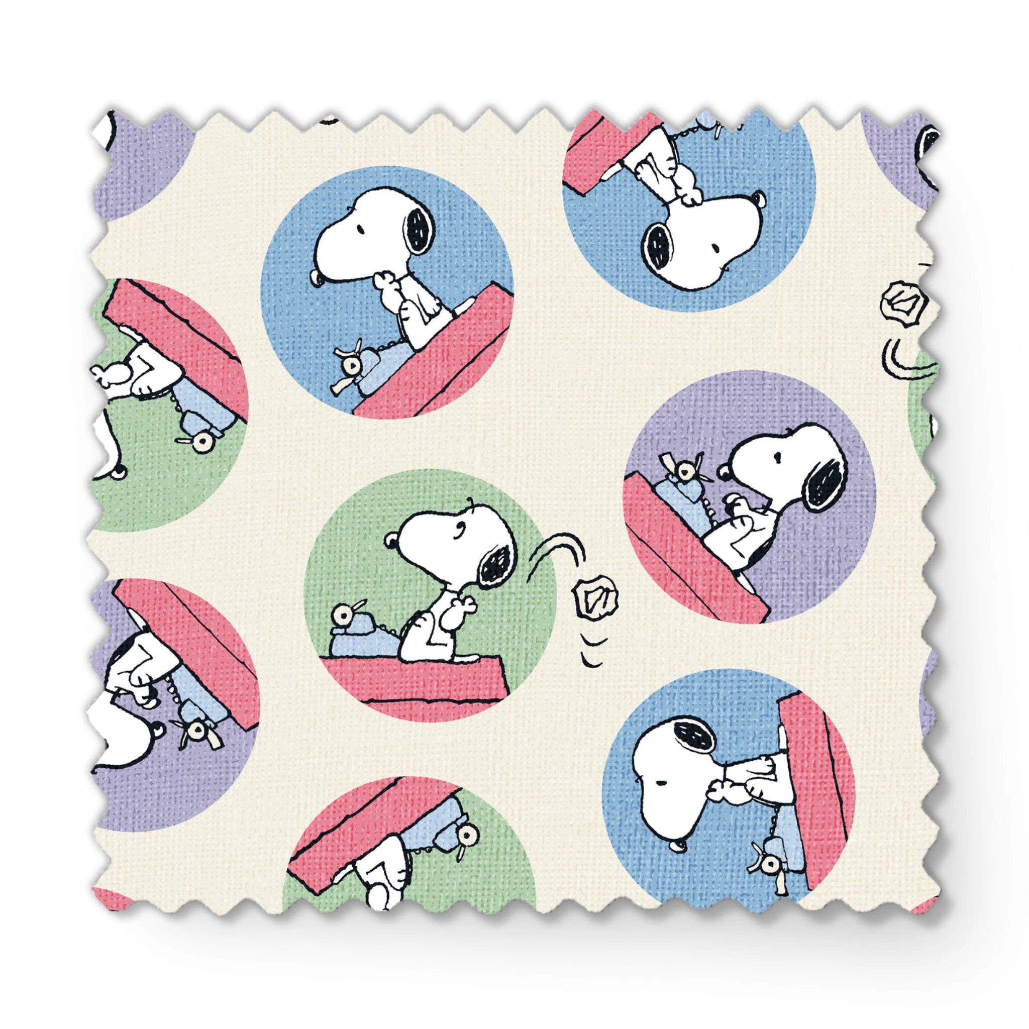 Cartoon Snoopy pattern with the beagle character in circular frames of blue, green, and purple backgrounds fabric swatch mockup
