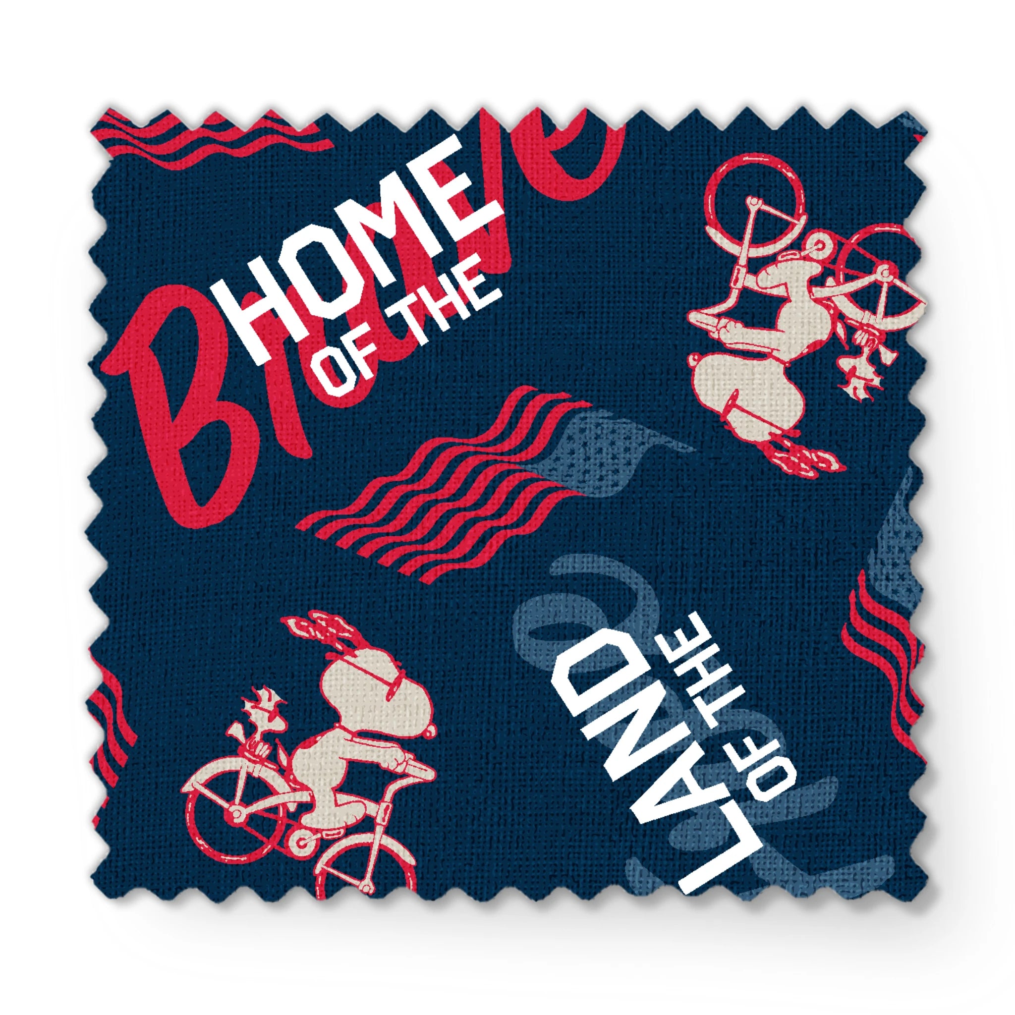 Repeating Peanuts "Home of the Brave" text pattern with bicycles on navy blue background with red wavy lines fabric swatch mockup