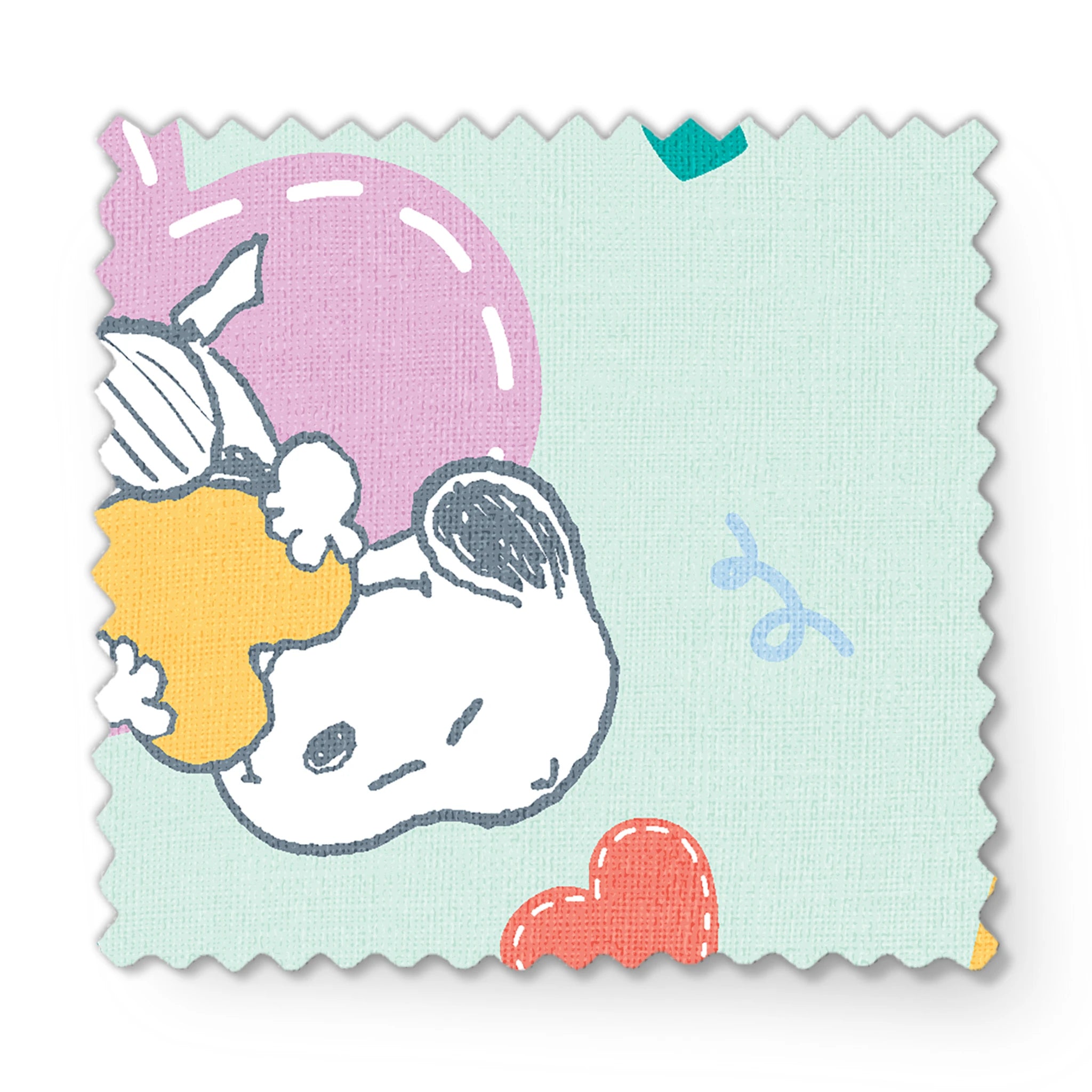 Cartoon Snoopy pattern with colorful hearts on mint green background, featuring different Snoopy poses fabric swatch mockup