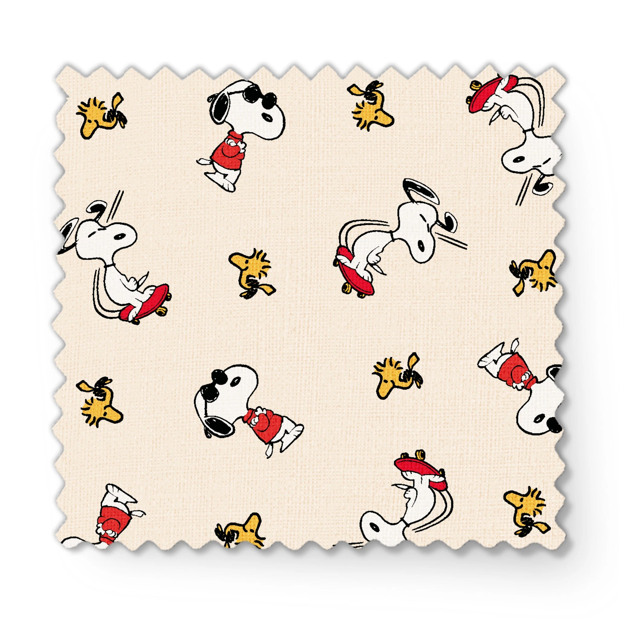 Snoopy and Woodstock on cream background, arranged in pattern fabric swatch mockup