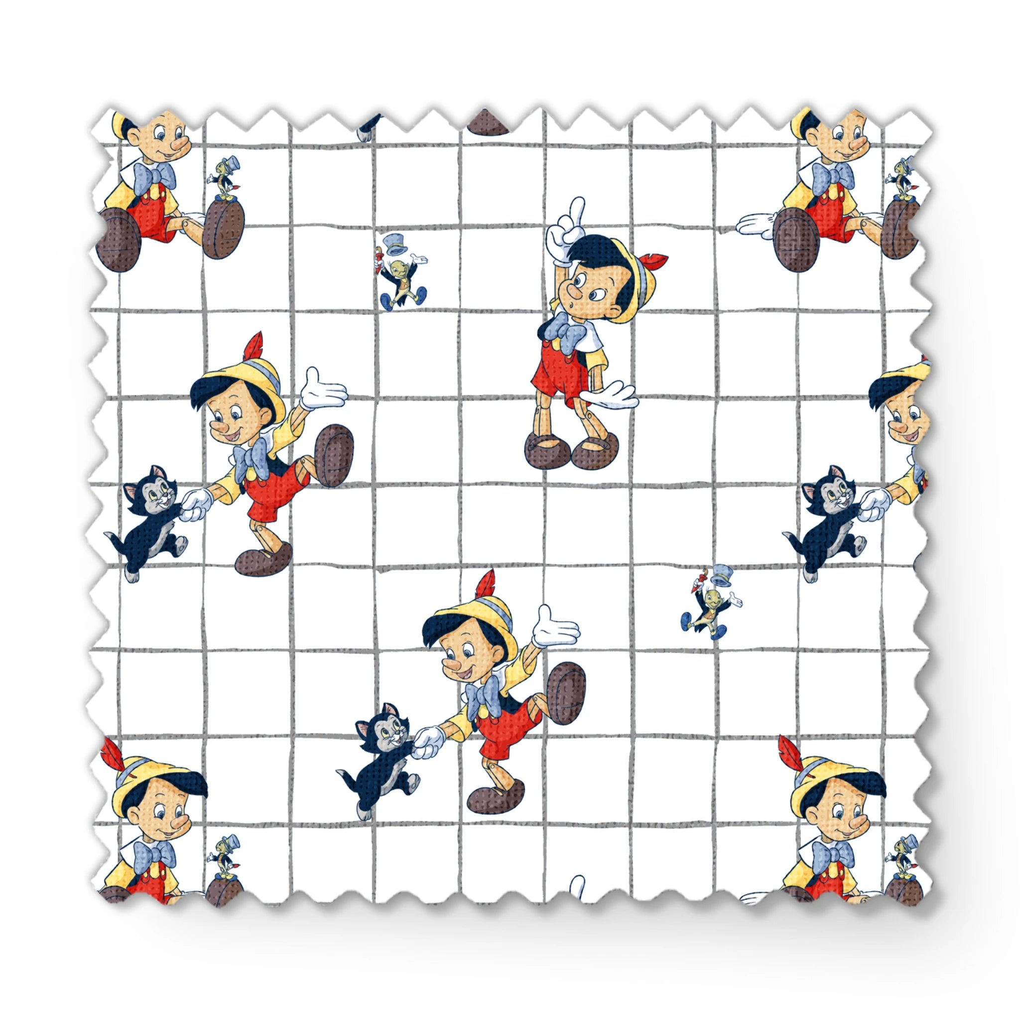 Classic cartoon puppets with red shorts, yellow hats on white grid pattern with small black cat figures fabric swatch mockup