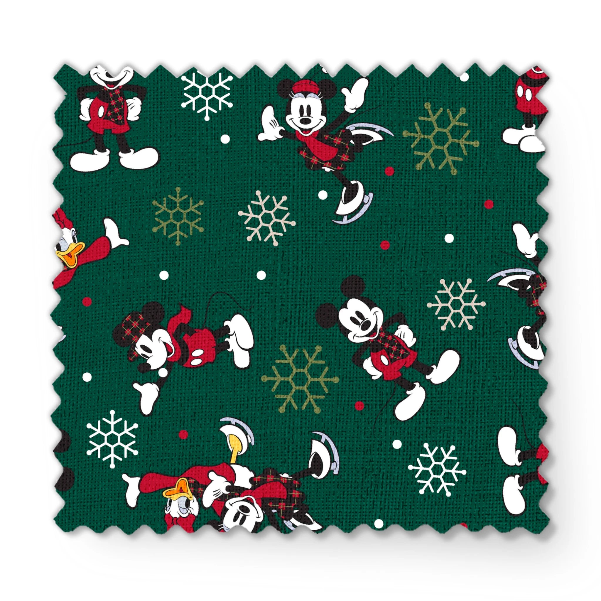 Mickey Mouse Christmas pattern with cartoon characters in winter outfits on green background with snowflakes fabric swatch mockup