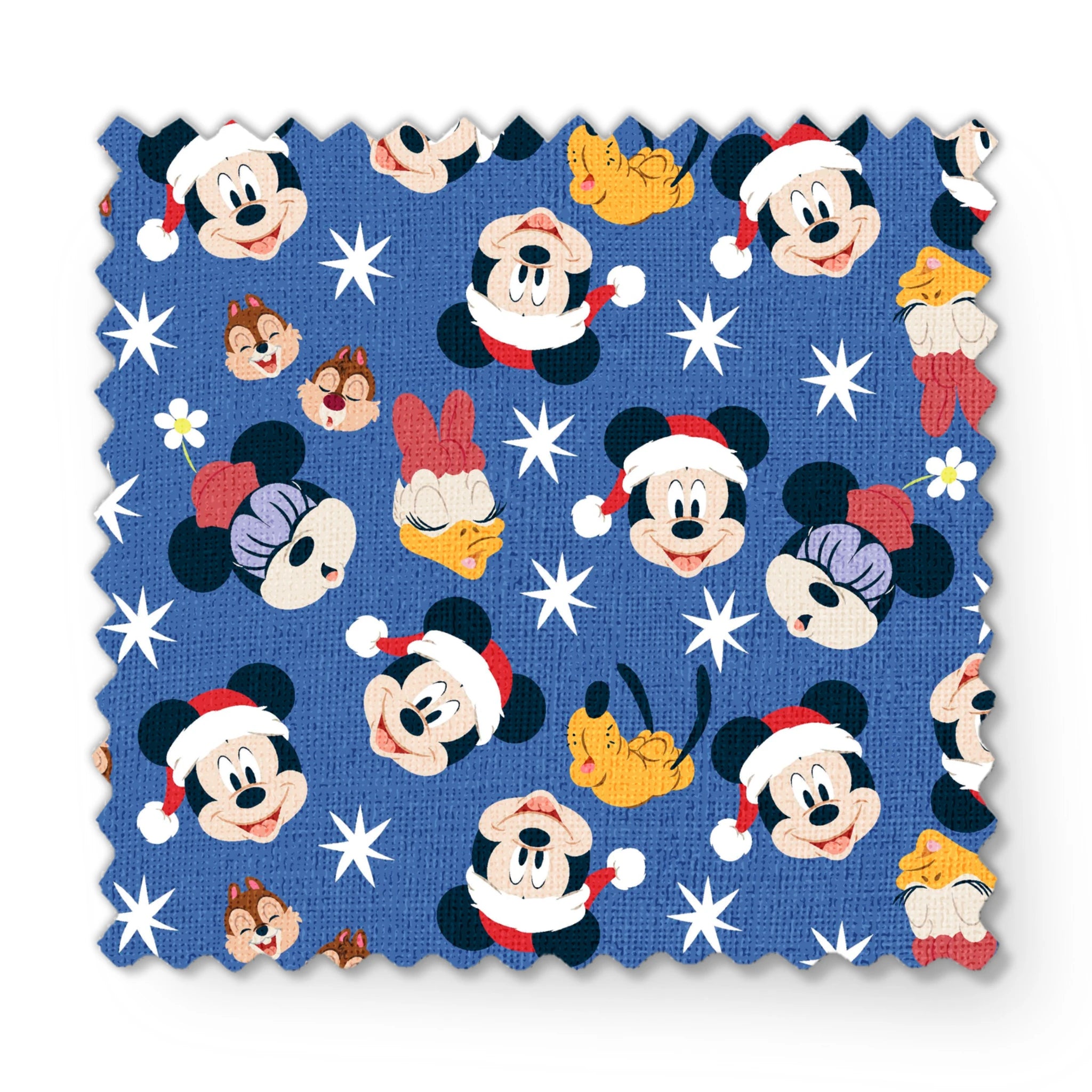 Mickey Mouse Christmas pattern with Santa hats, cupcakes and snowflakes on blue background fabric swatch mockup