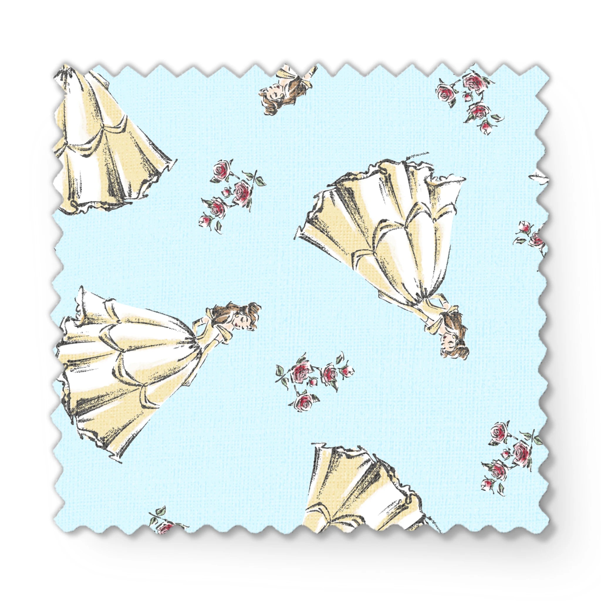 Light yellow pleated bell-shaped objects with small pink floral accents scattered on pale blue background fabric swatch mockup