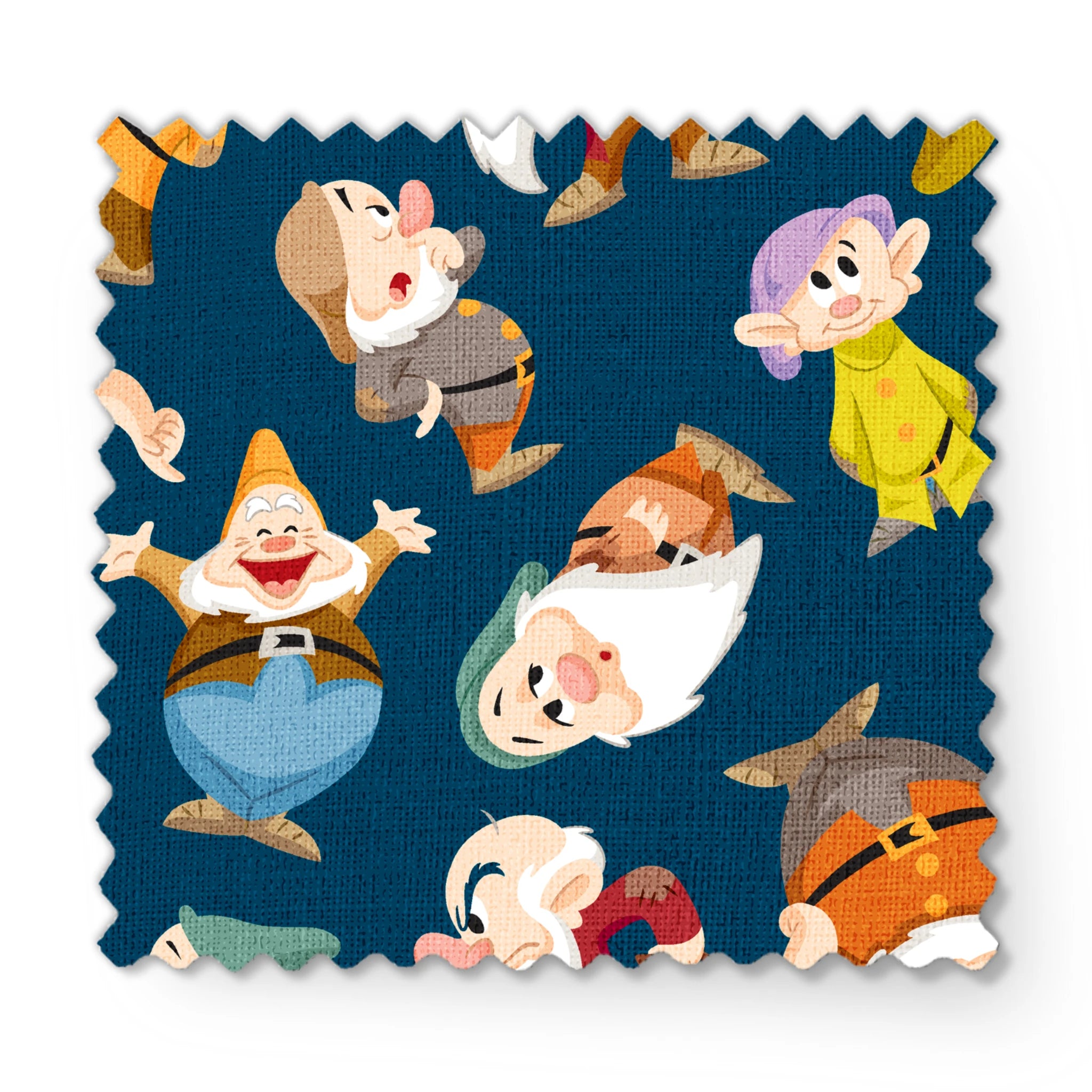 Colorful pattern of cartoon dwarfs in various outfits and poses on a deep blue background fabric swatch mockup