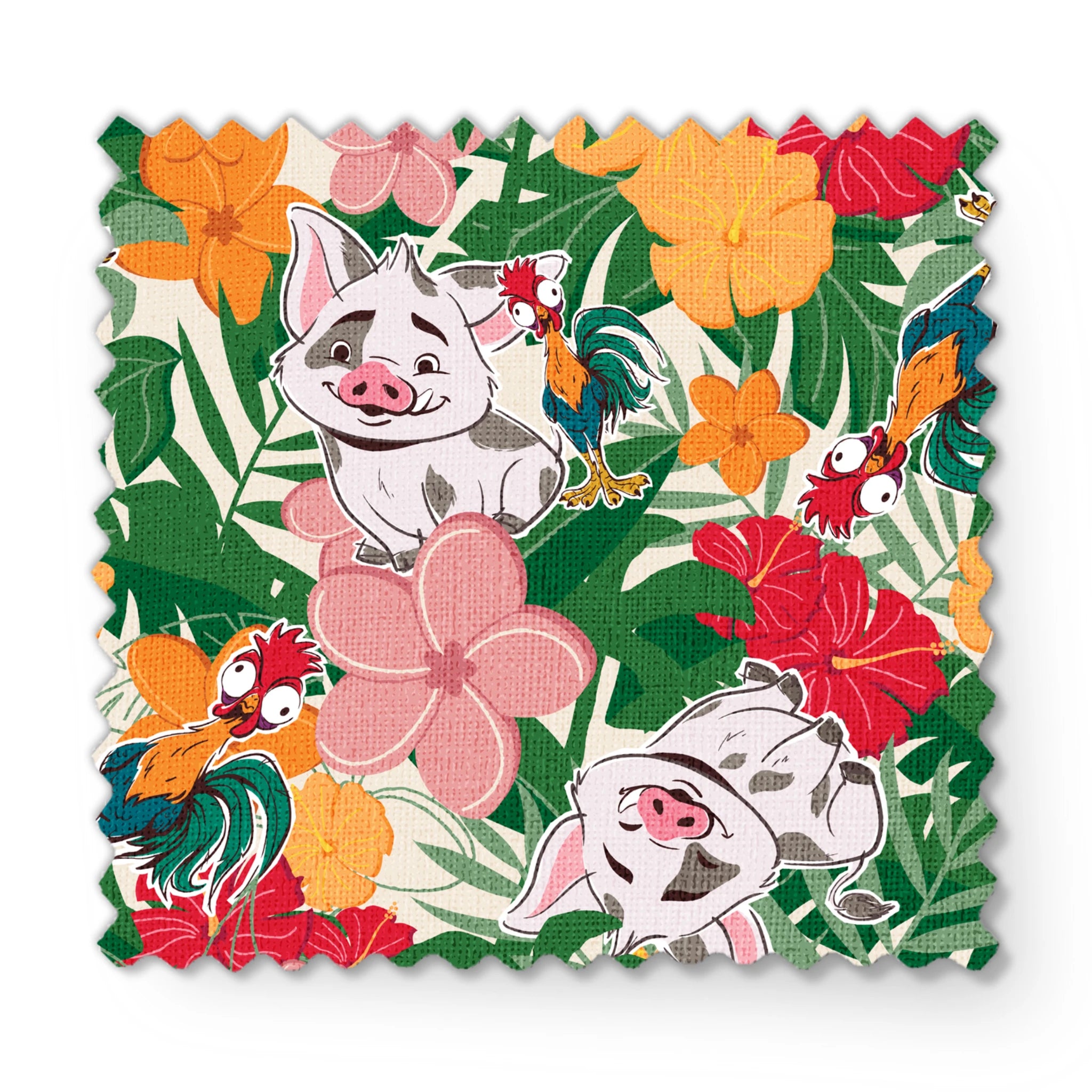 Cartoon pigs peeking through vibrant tropical flowers in red, orange, yellow, and pink among green foliage fabric swatch mockup
