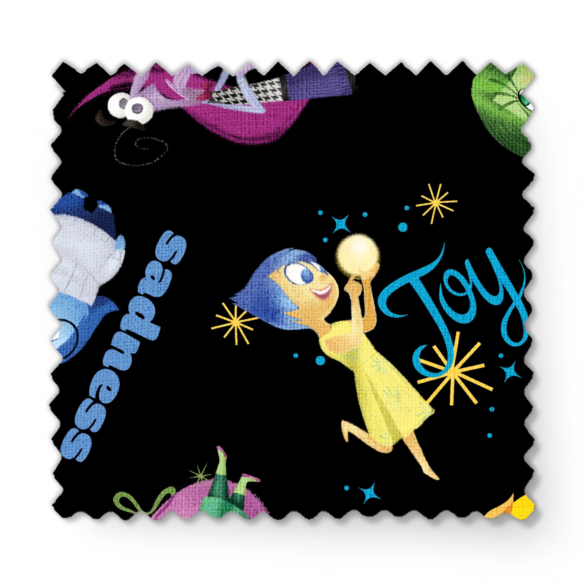 Colorful Pixar pattern on black background with Inside Out characters and emotion words like "Fear fabric swatch mockup