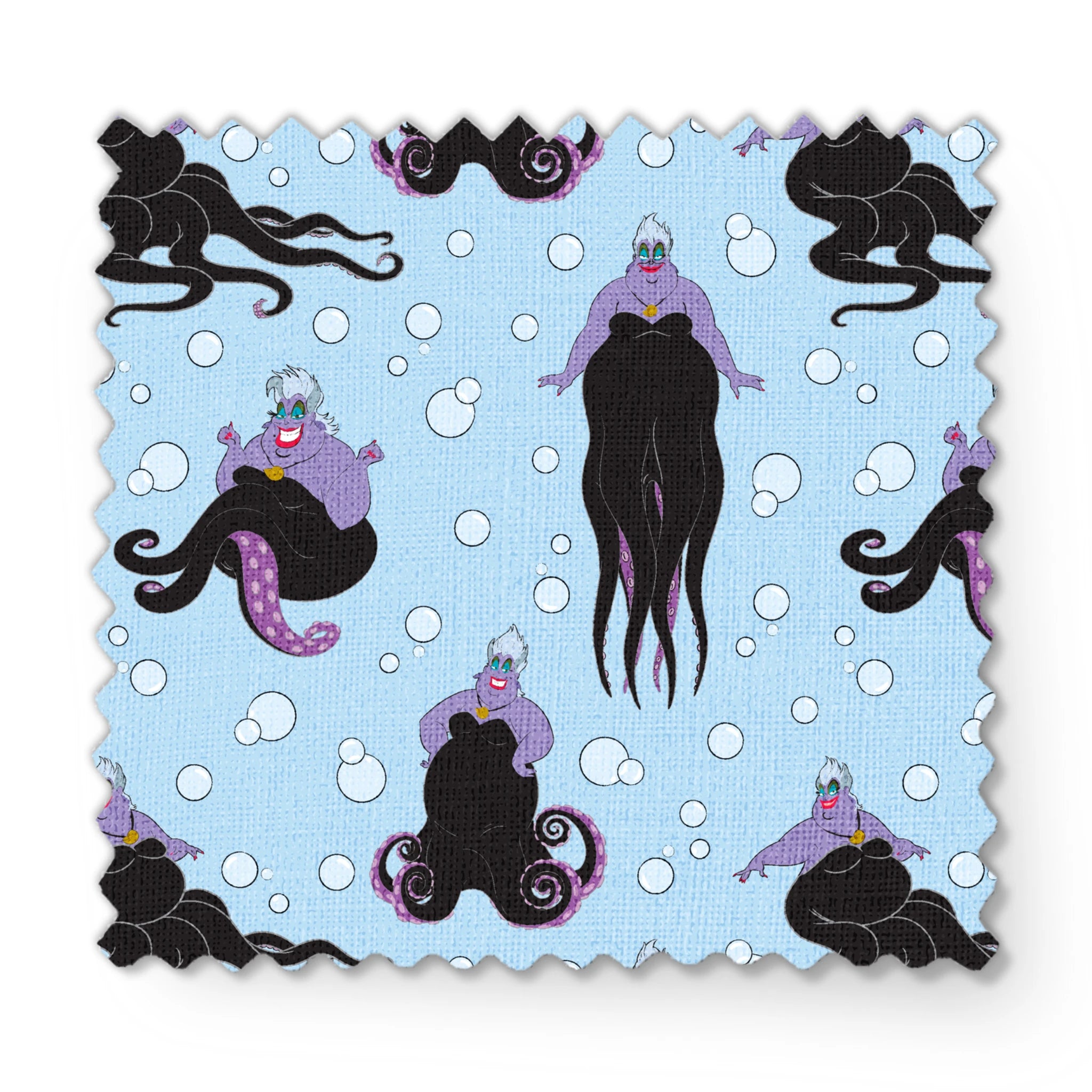 Ursula with black tentacles swimming in a light blue underwater scene with white bubbles fabric swatch mockup