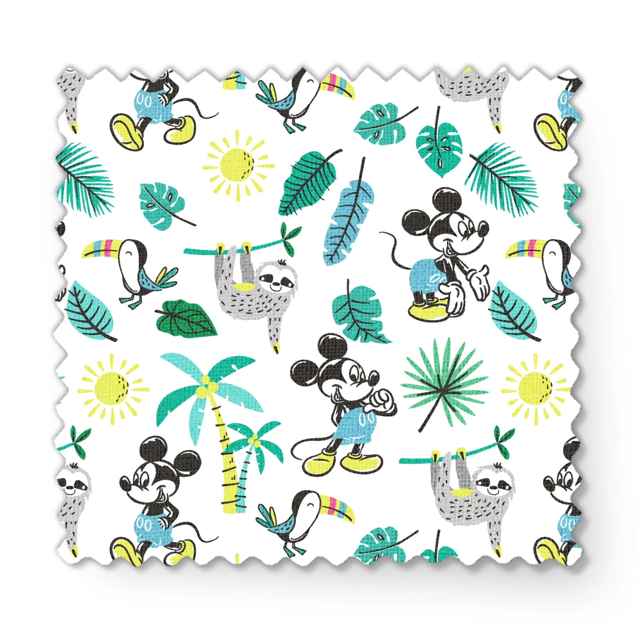 Tropical pattern with cartoon characters, sloths, toucans, palm leaves, and suns on white background fabric swatch mockup