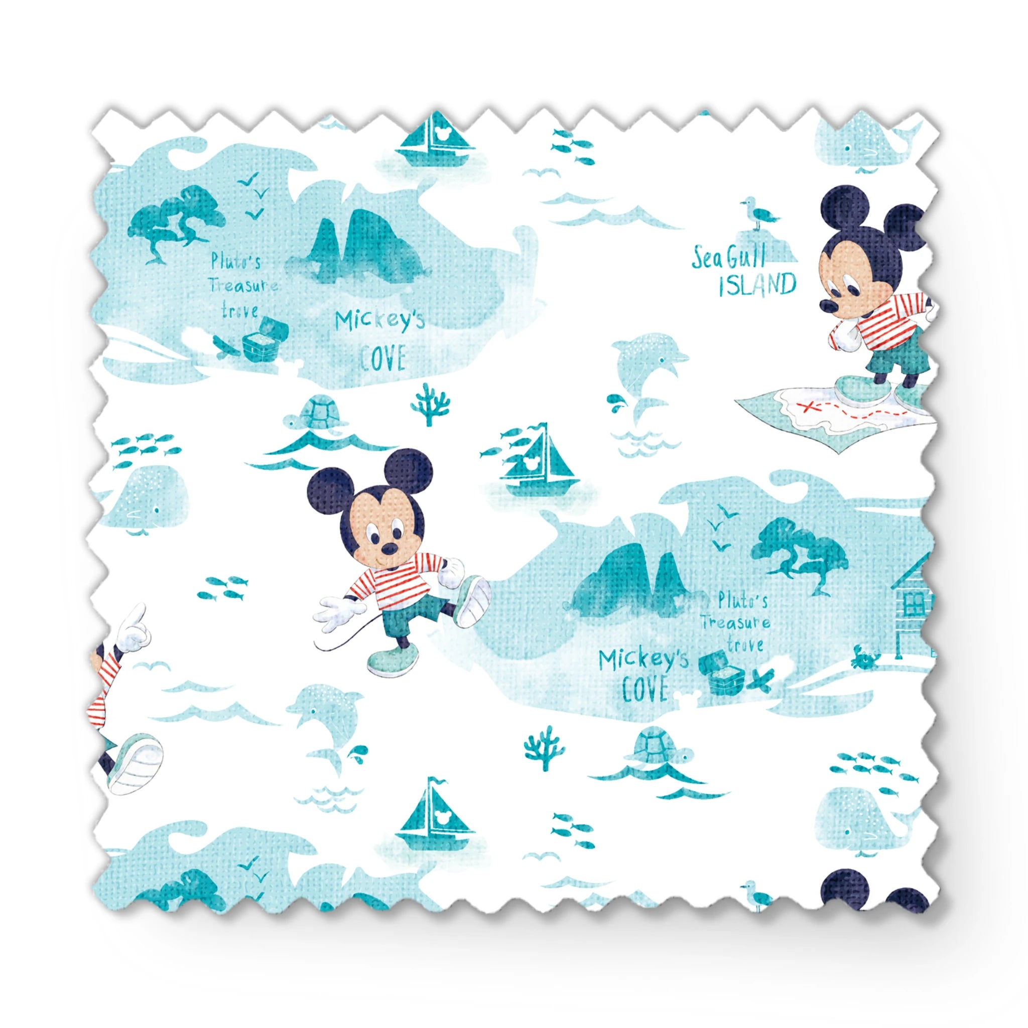 Cartoon Mickey Mouse pattern with turquoise ocean elements, sharks, waves, and "Safari" text fabric swatch mockup