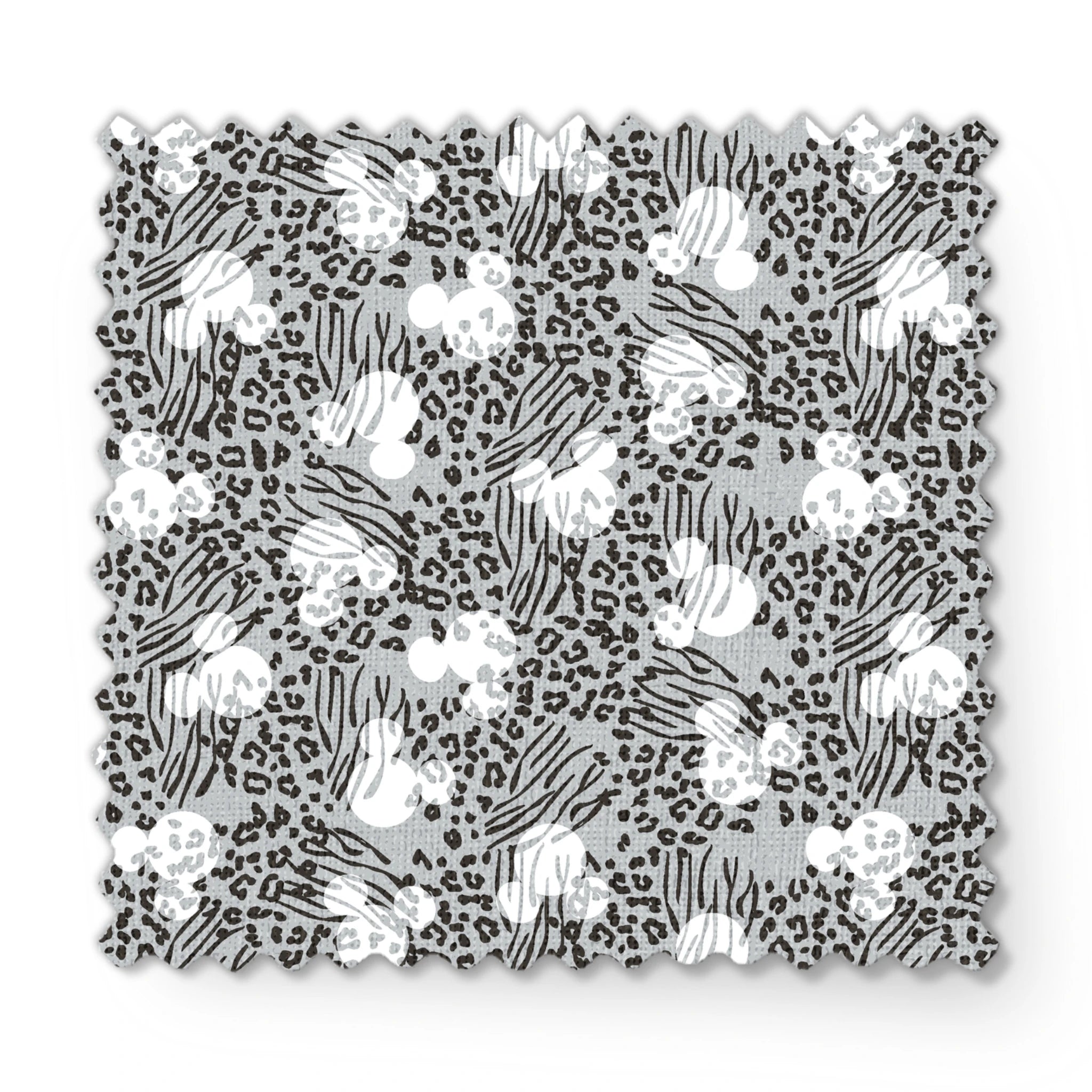 Animal print pattern with zebra stripes and leopard spots in black and white on gray background fabric swatch mockup