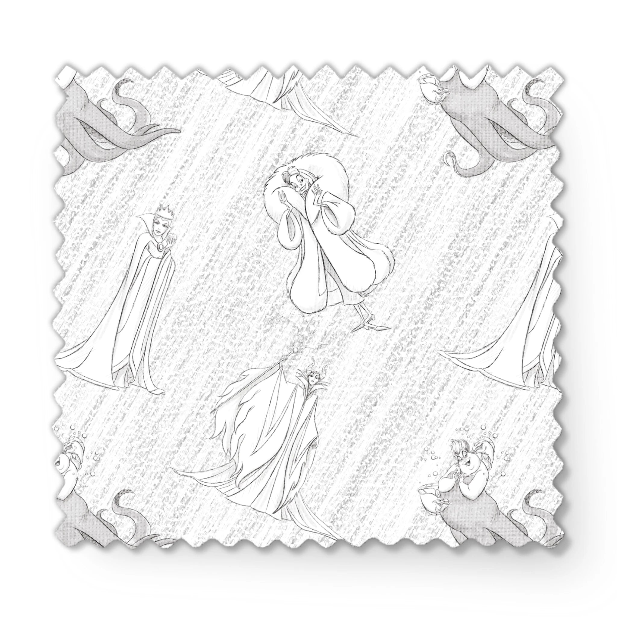 Sketched Disney villains scattered across a textured diagonal background in grayscale fabric swatch mockup