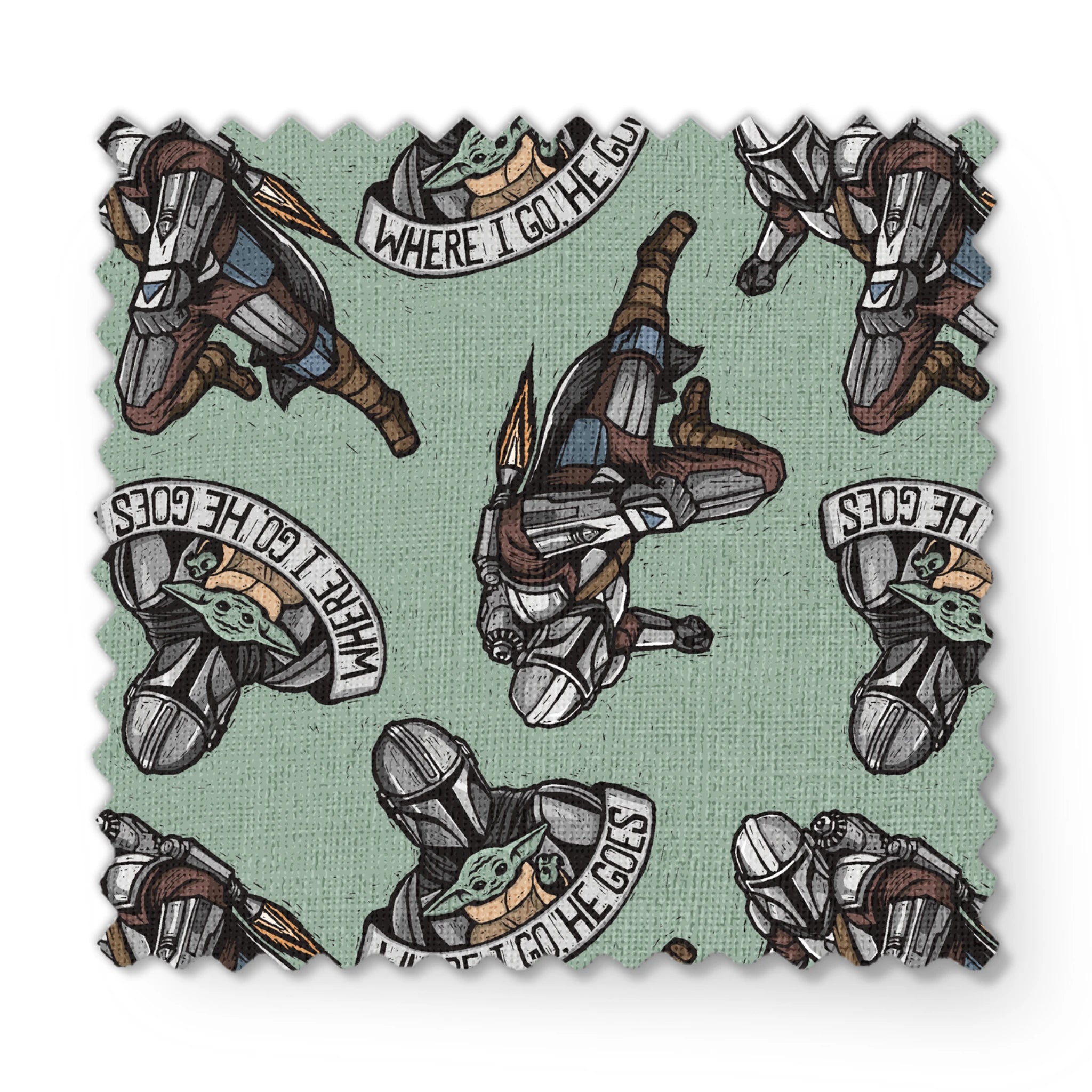 Star Wars-themed pattern featuring Mandalorian helmets with "Where I go, the child goes" banners on mint green background. fabric swatch mockup