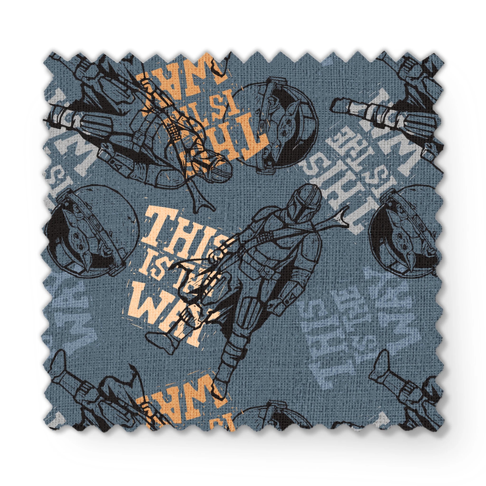 Dark grey illustration with Star Wars characters and yellow text reading "THIS IS THE WAY" in distressed style fabric swatch mockup