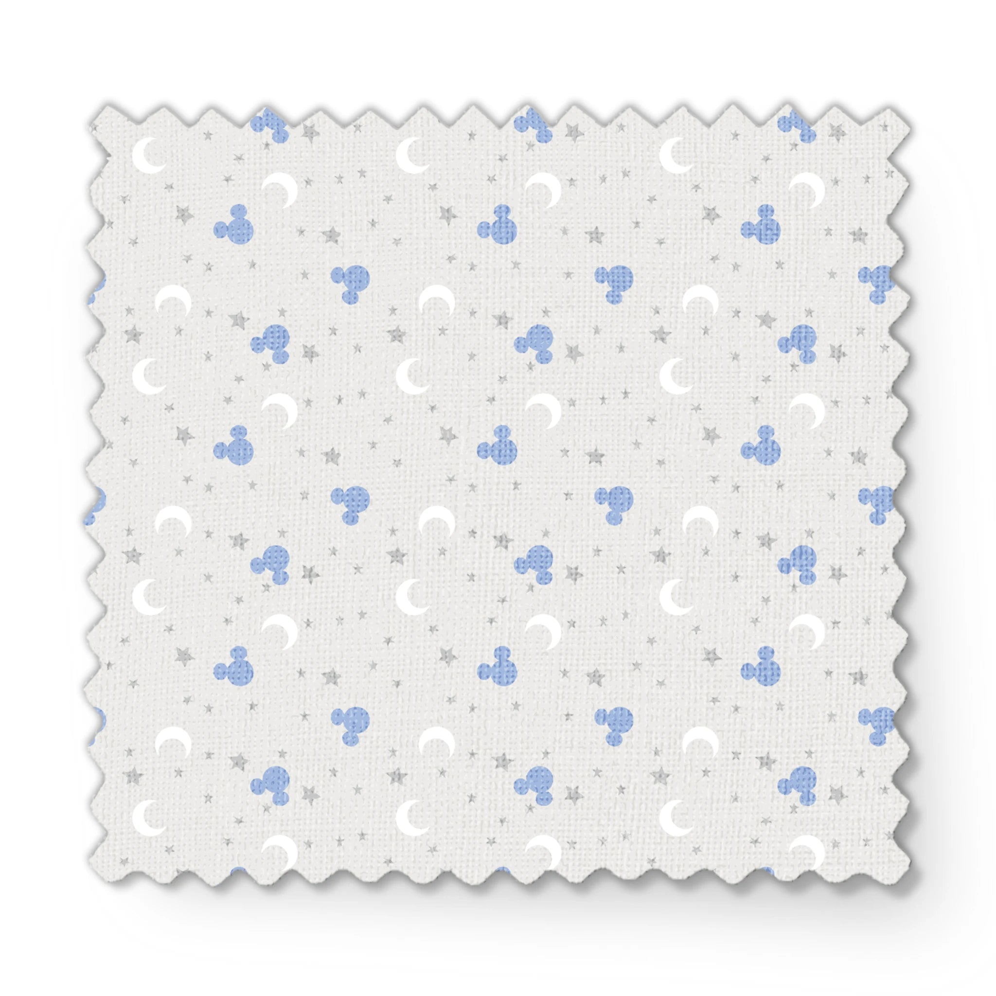 Blue Mickey Mouse silhouettes with white moons and gray stars on light gray background fabric swatch mockup