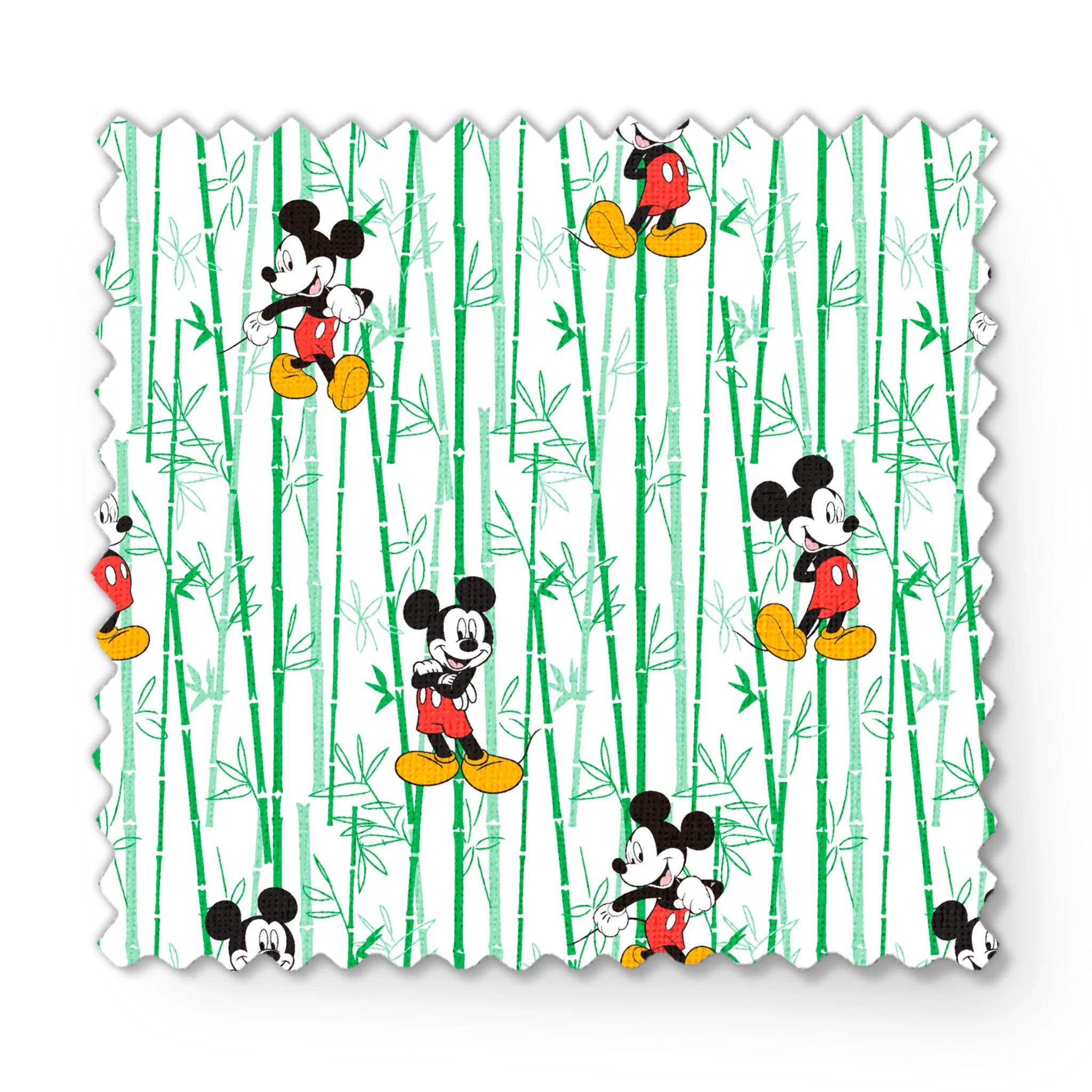 Cartoon mouse character pattern on white background with green vertical stripes fabric swatch mockup