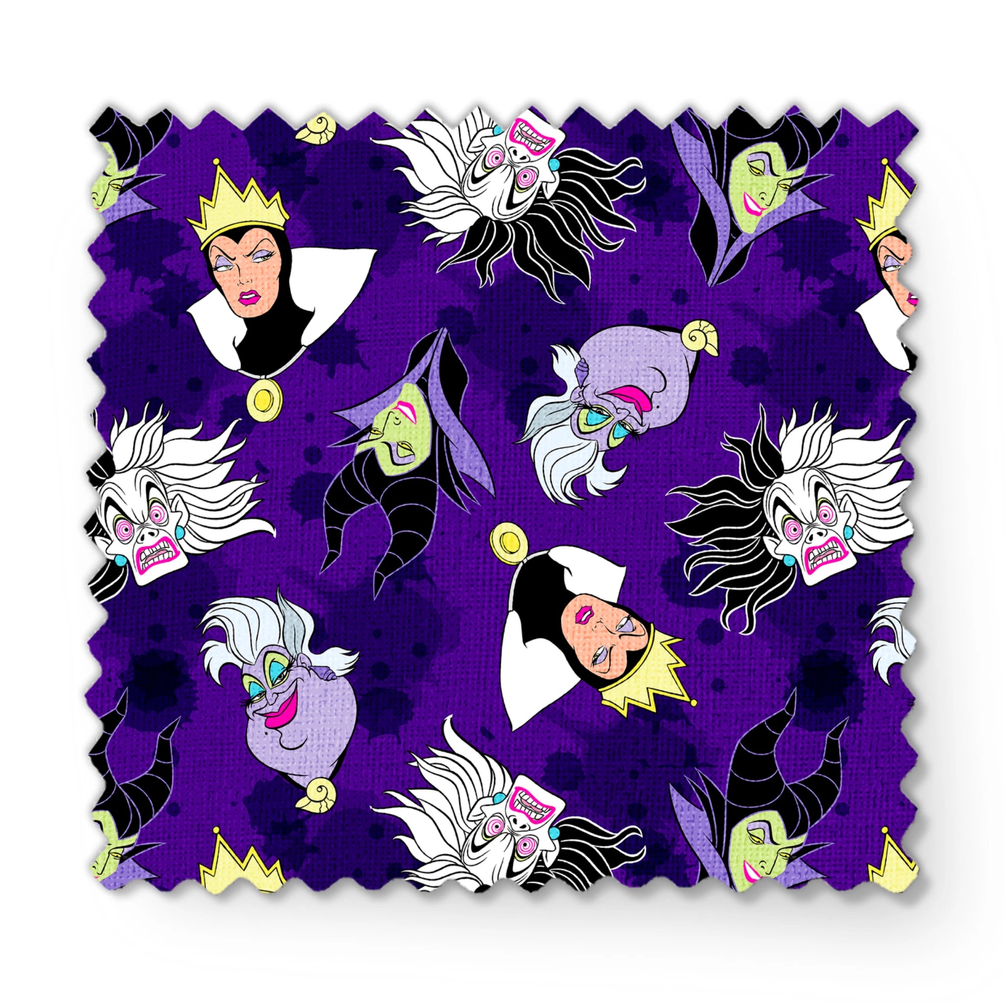 Disney villain pattern on purple background fabric swatch mockup