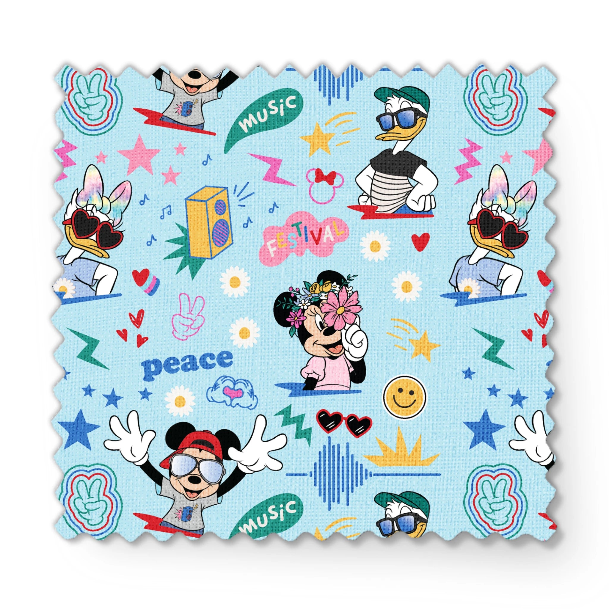 Colorful cartoon pattern with Disney characters, peace signs, stars, and music motifs on light blue background. fabric swatch mockup