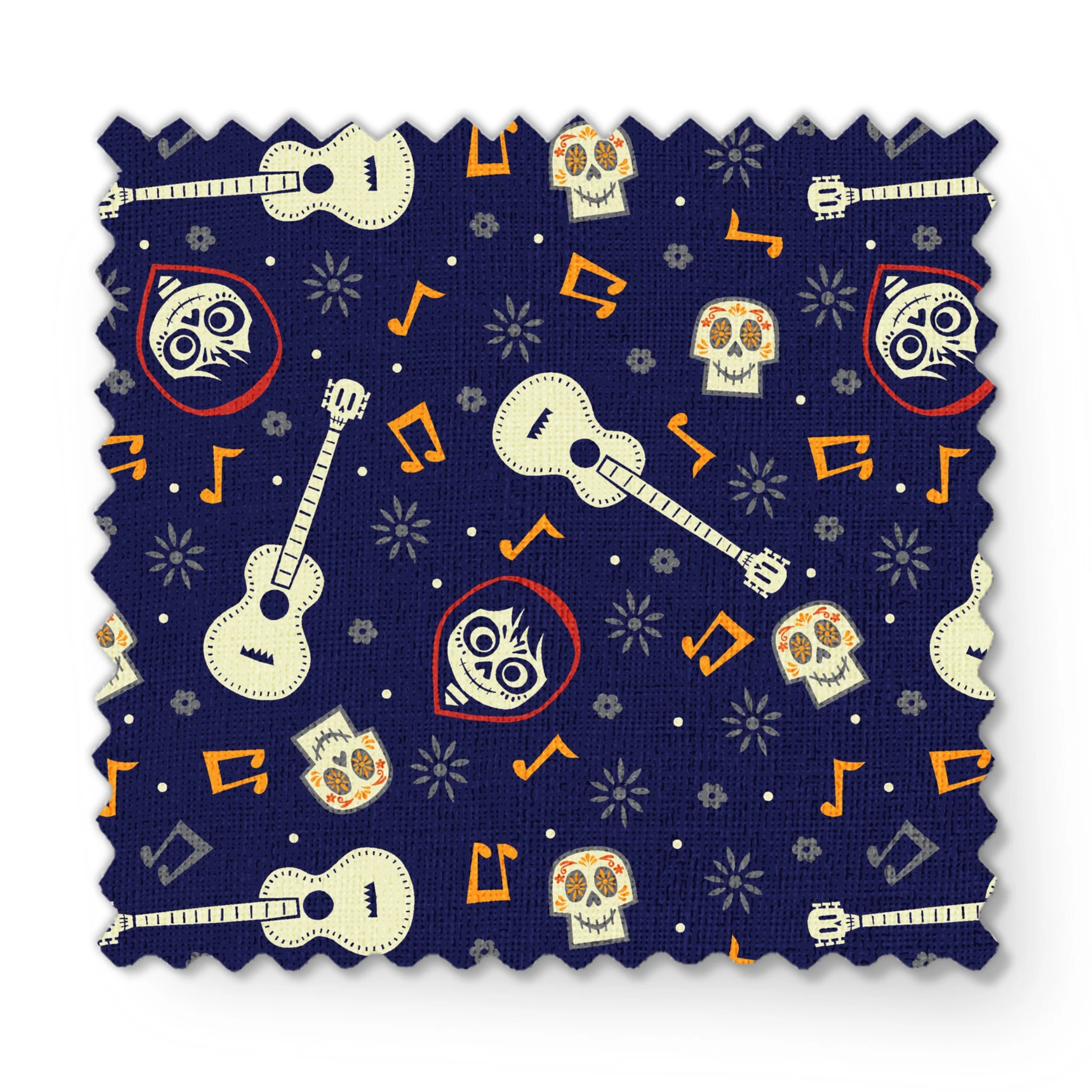 Coco dark blue pattern with white acoustic guitars, decorative skulls, orange musical notes, and circular designs scattered across a starry background. fabric swatch mockup
