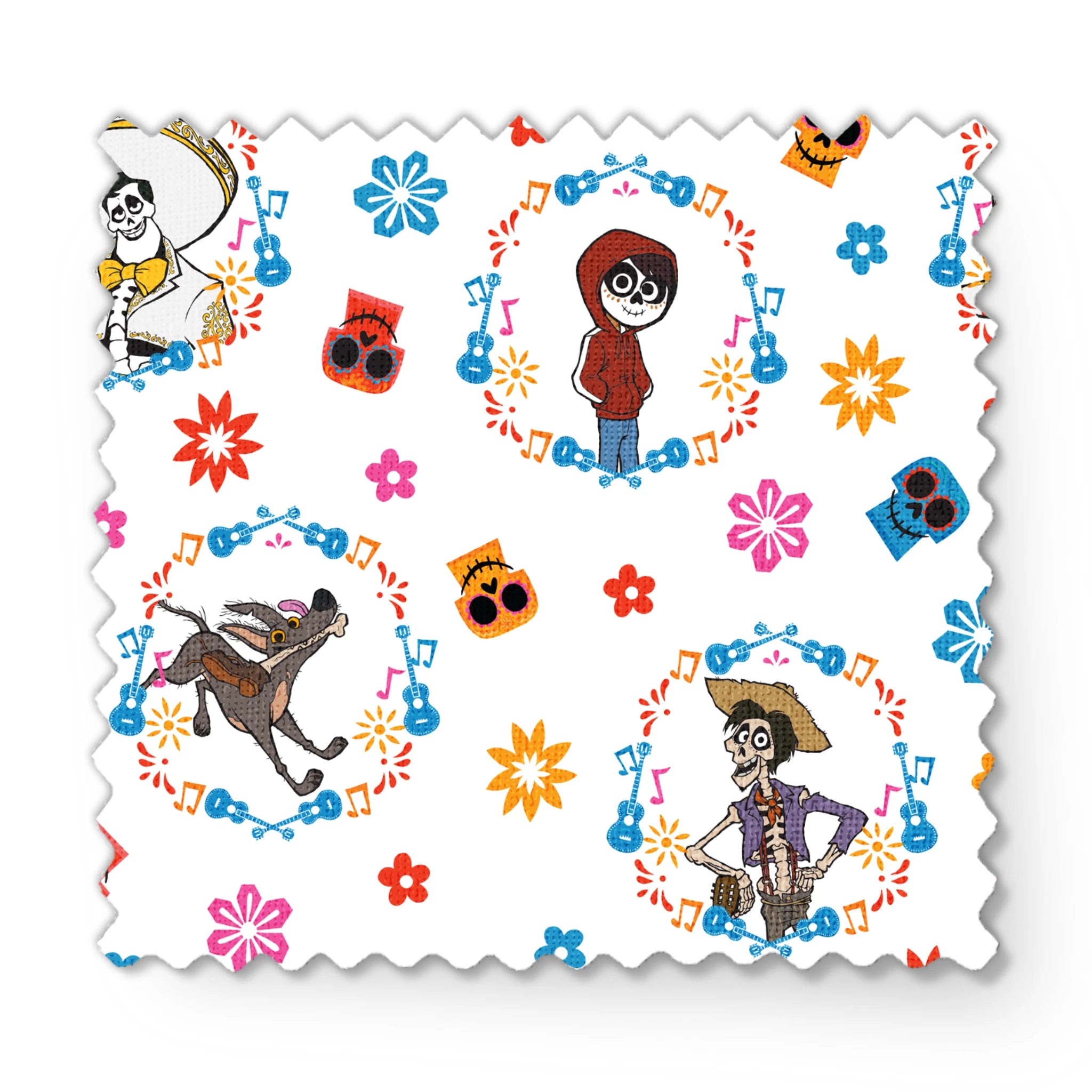 Colorful Coco pattern with Day of the Dead skeleton characters in floral wreaths, sugar skulls, and bright flowers on white background fabric swatch mockup