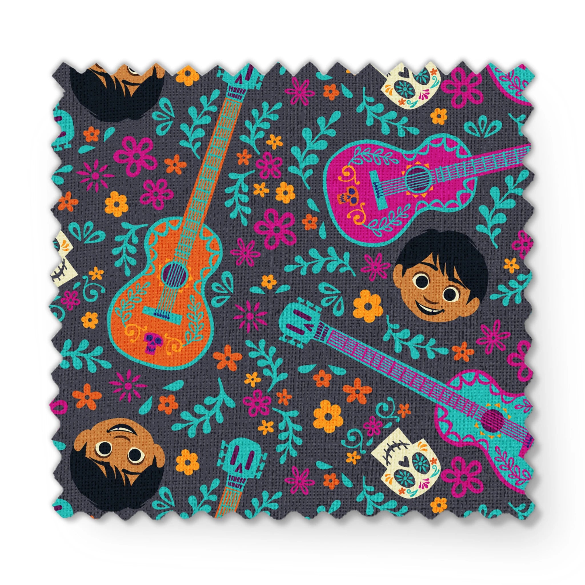 Colorful Coco pattern with decorative guitars, sugar skulls, cartoon characters, and floral elements on teal background. fabric swatch mockup