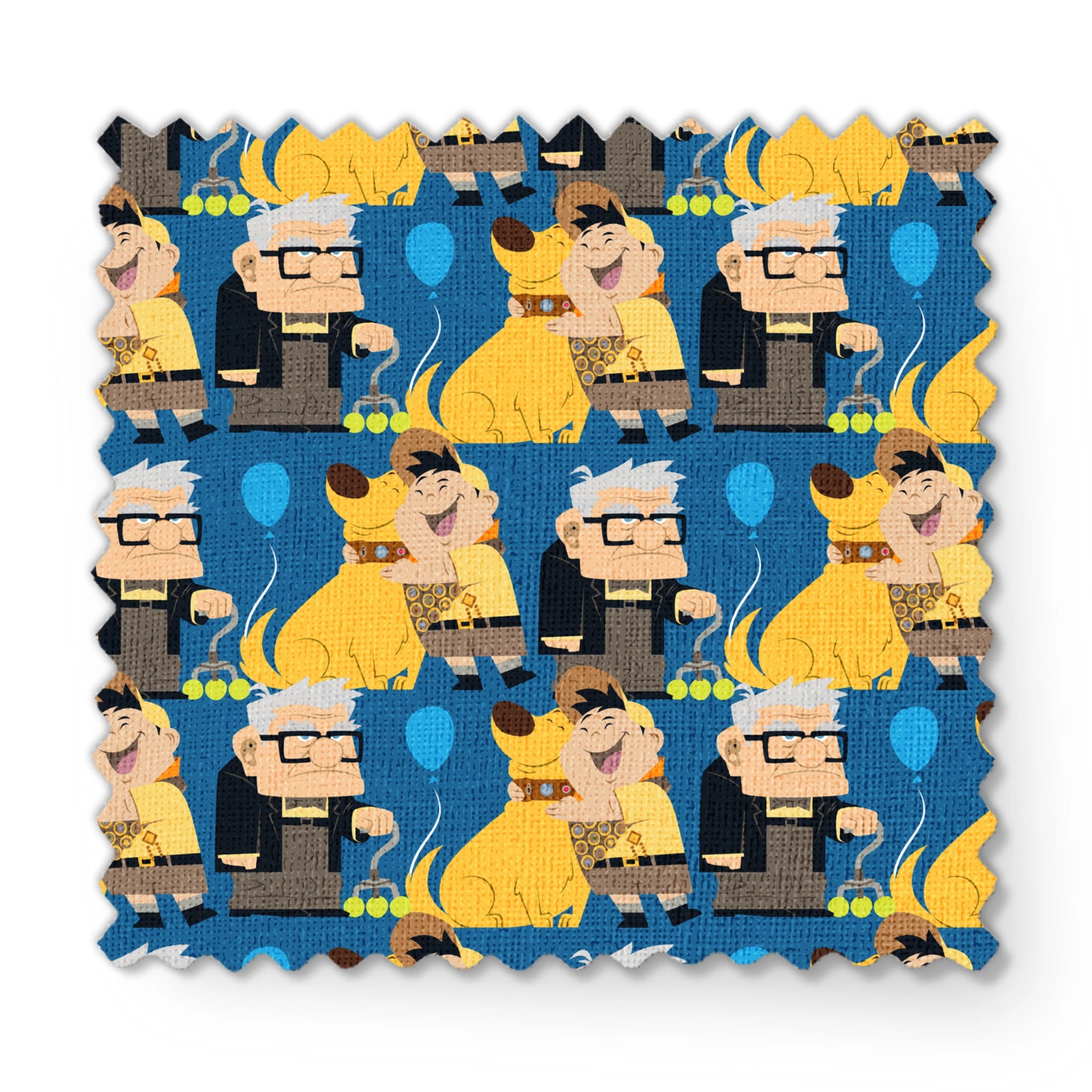 Cartoon pattern featuring characters from Pixar's "Up" with blue balloons, yellow dogs, and scouts fabric swatch mockup