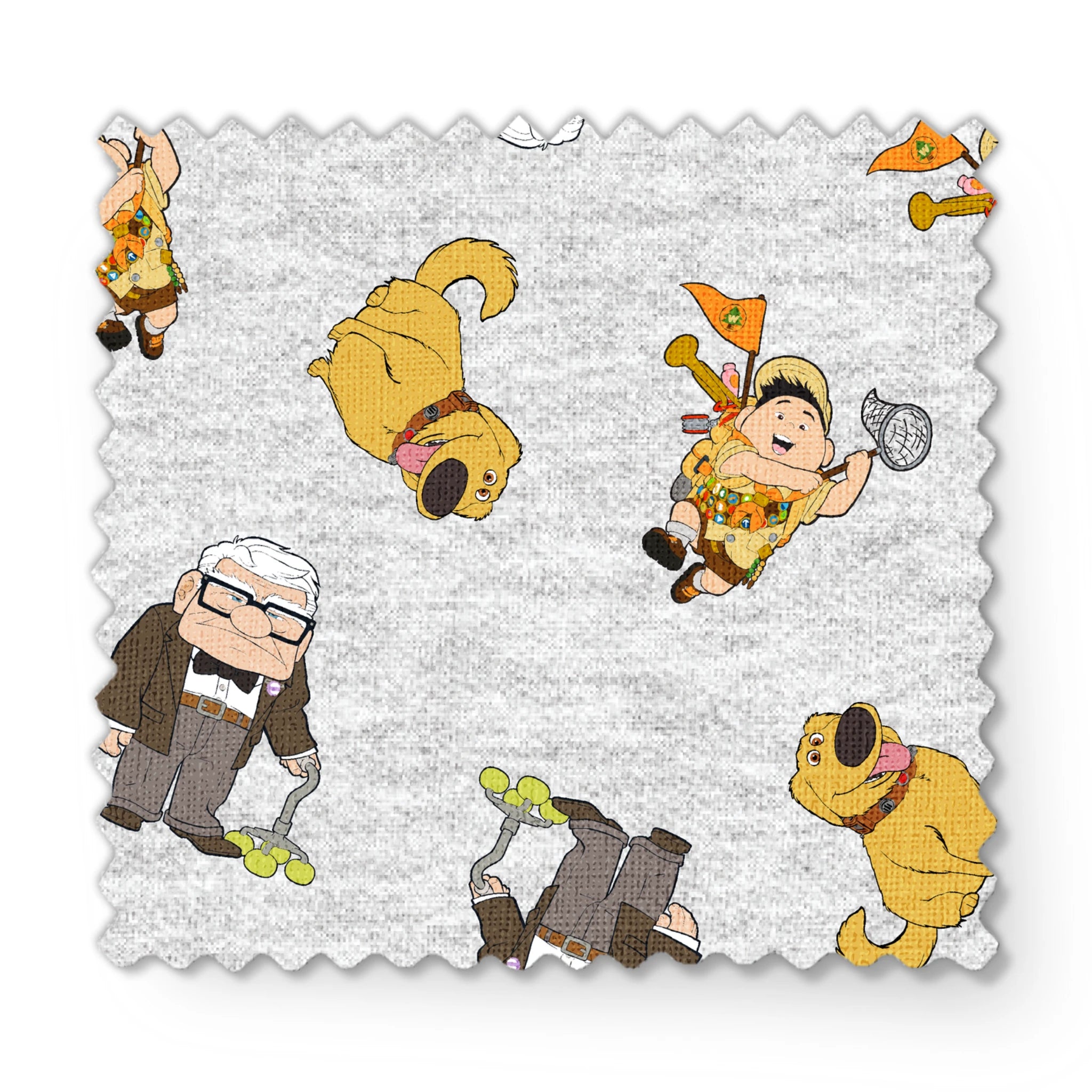Cartoon characters from Disney's "Up" including Carl, Russell, and Dug on light gray background fabric swatch mockup
