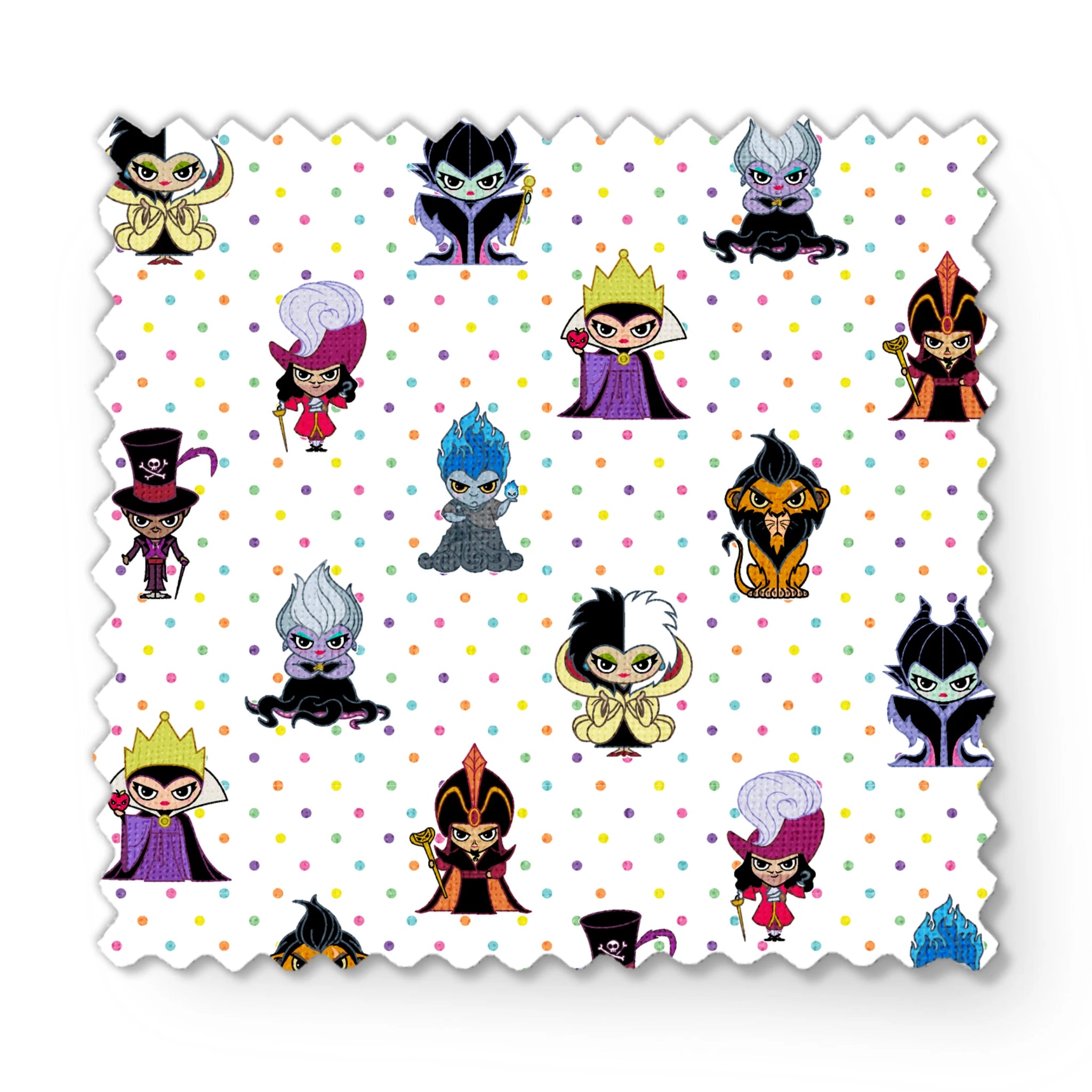 Cartoon Disney villain characters in chibi style scattered on polka dot background, including figures with crowns, capes, and distinctive colorful designs fabric swatch mockup