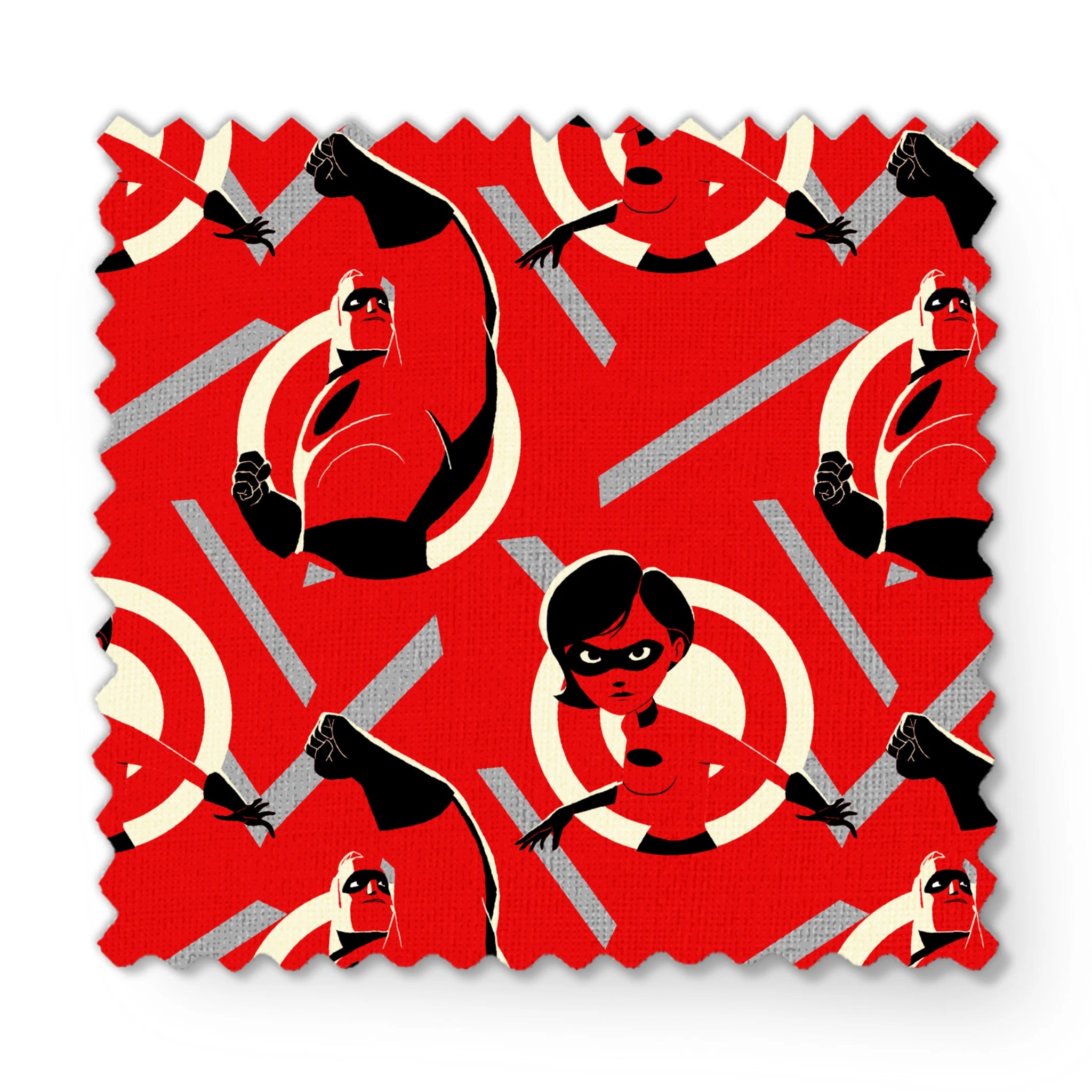 Stylized Incredibles characters in red, black and white with a dynamic pose against spiral background pattern. fabric swatch mockup