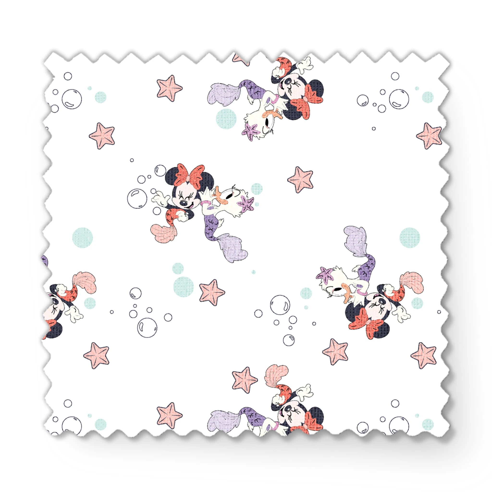 Minnie Mouse pattern with pastel stars and bubbles on white background, playful cartoon style fabric swatch mockup