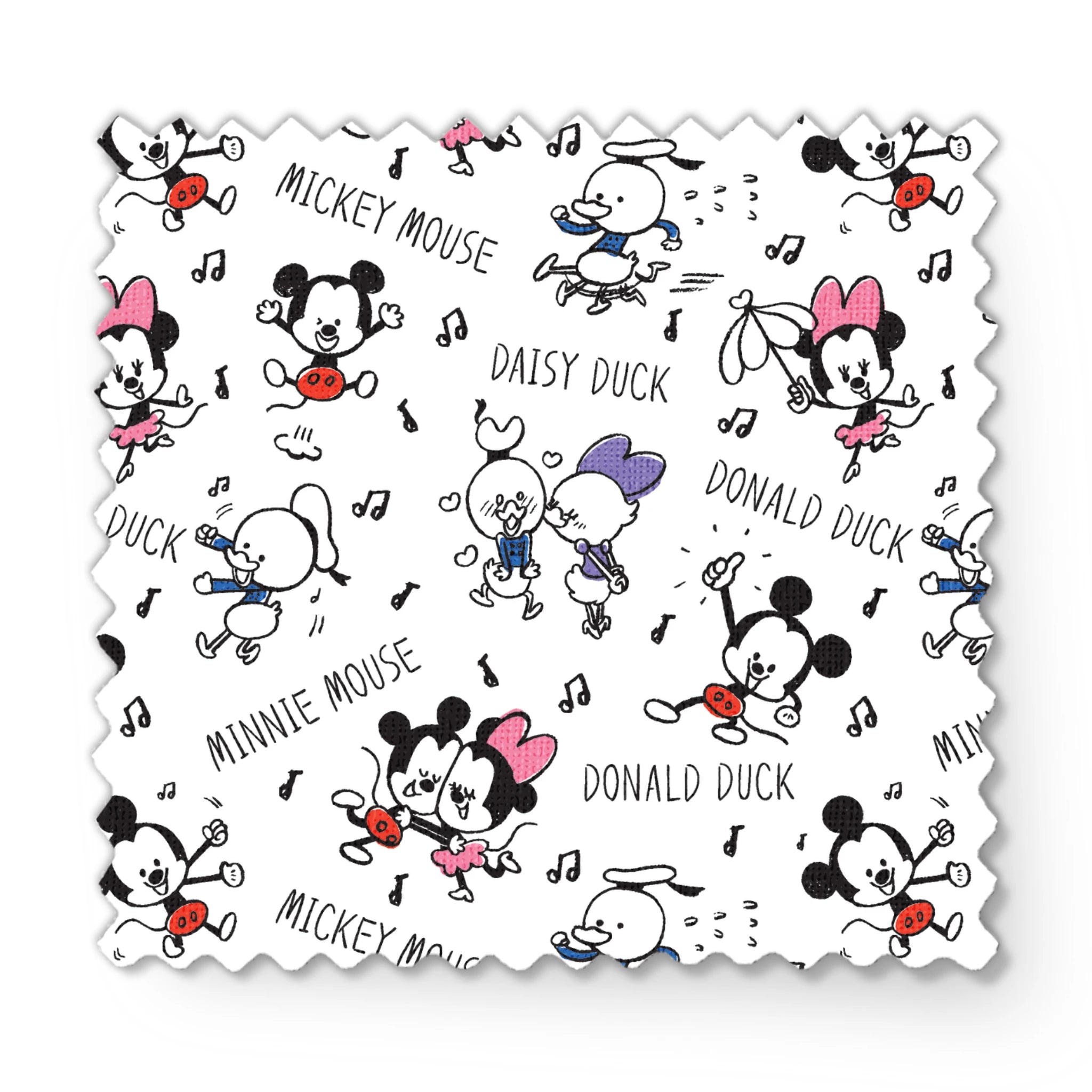 Classic Disney cartoon characters pattern with Mickey, Minnie, Donald, and Daisy with musical notes on white background. fabric swatch mockup