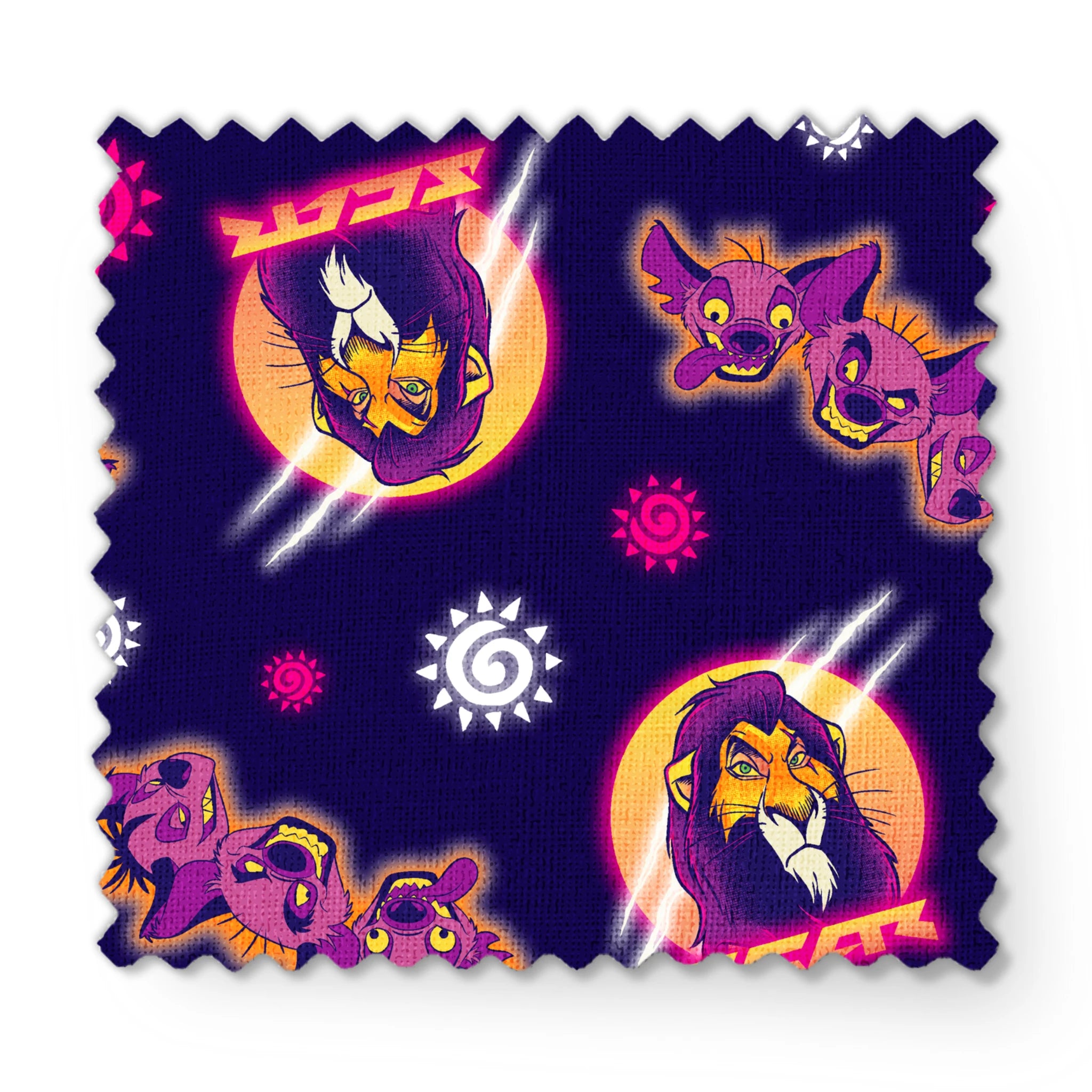 Lion and hyena characters pattern with suns on purple background, Disney's Lion King inspired design fabric swatch mockup