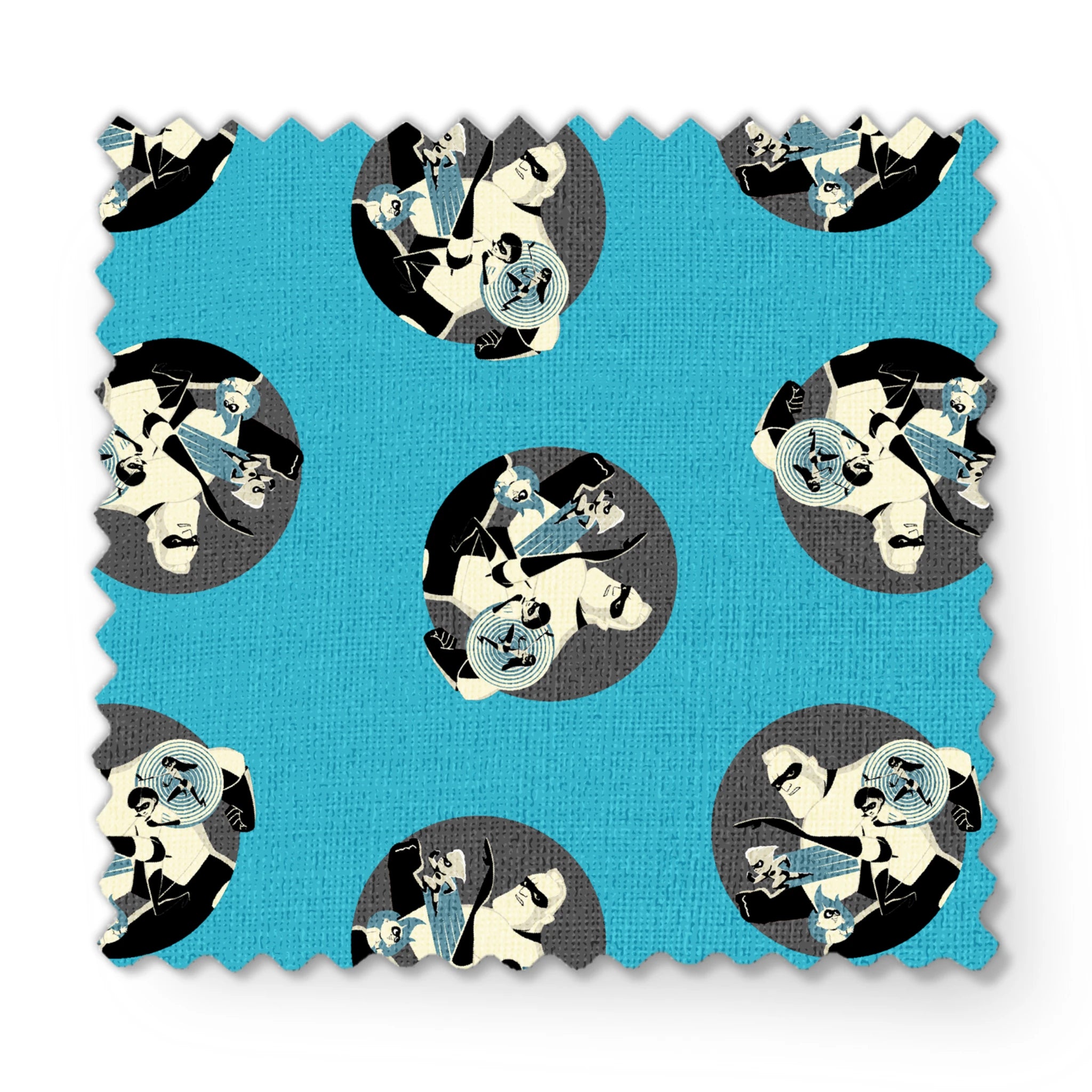 Repeating circular pattern of The Incredibles characters in gray circles on light blue background fabric swatch mockup