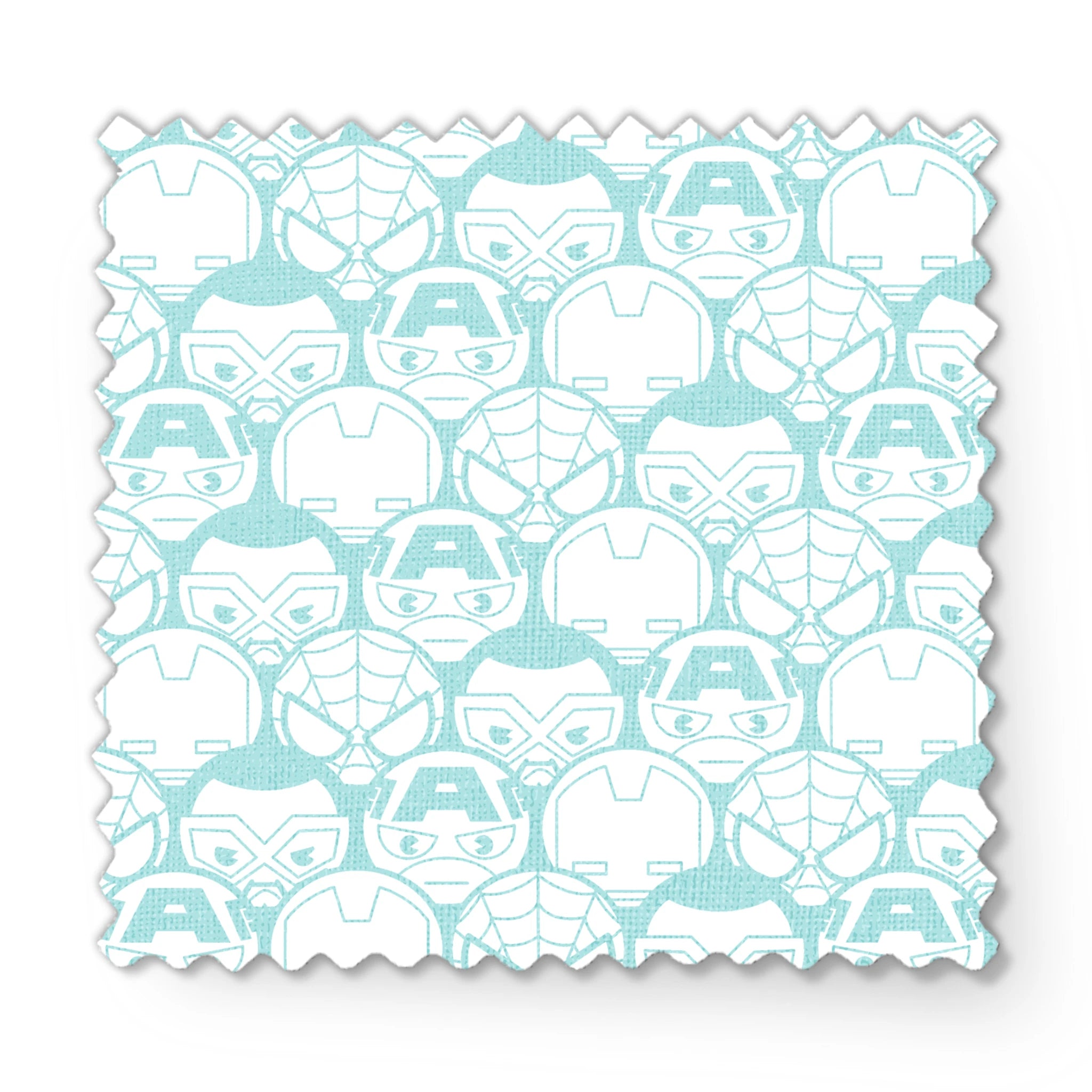 Light blue and white pattern of stylized superhero masks and helmets in a repeating design fabric swatch mockup