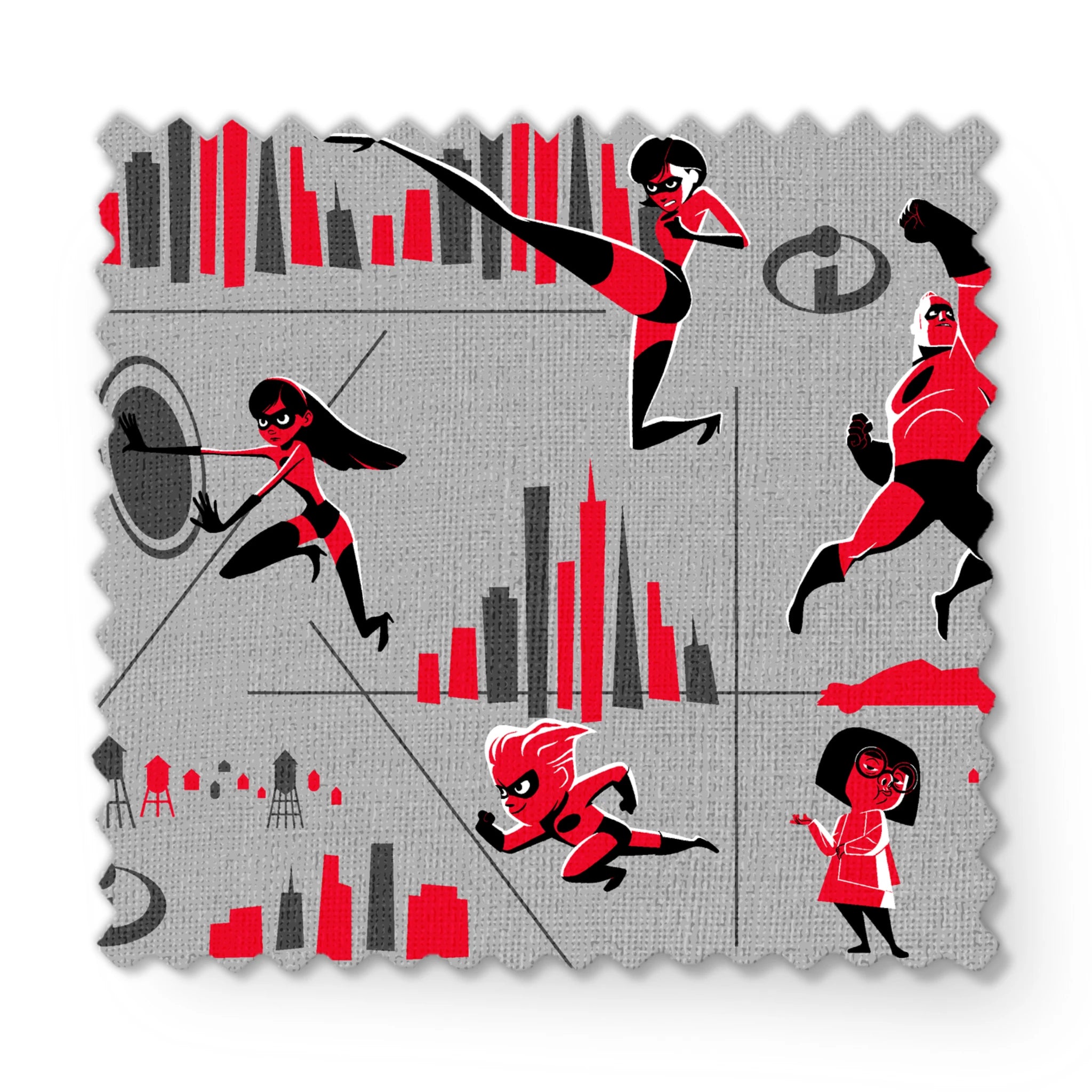 Characters in red and black superhero outfits from The Incredibles shown in action poses against gray background with city elements fabric swatch mockup