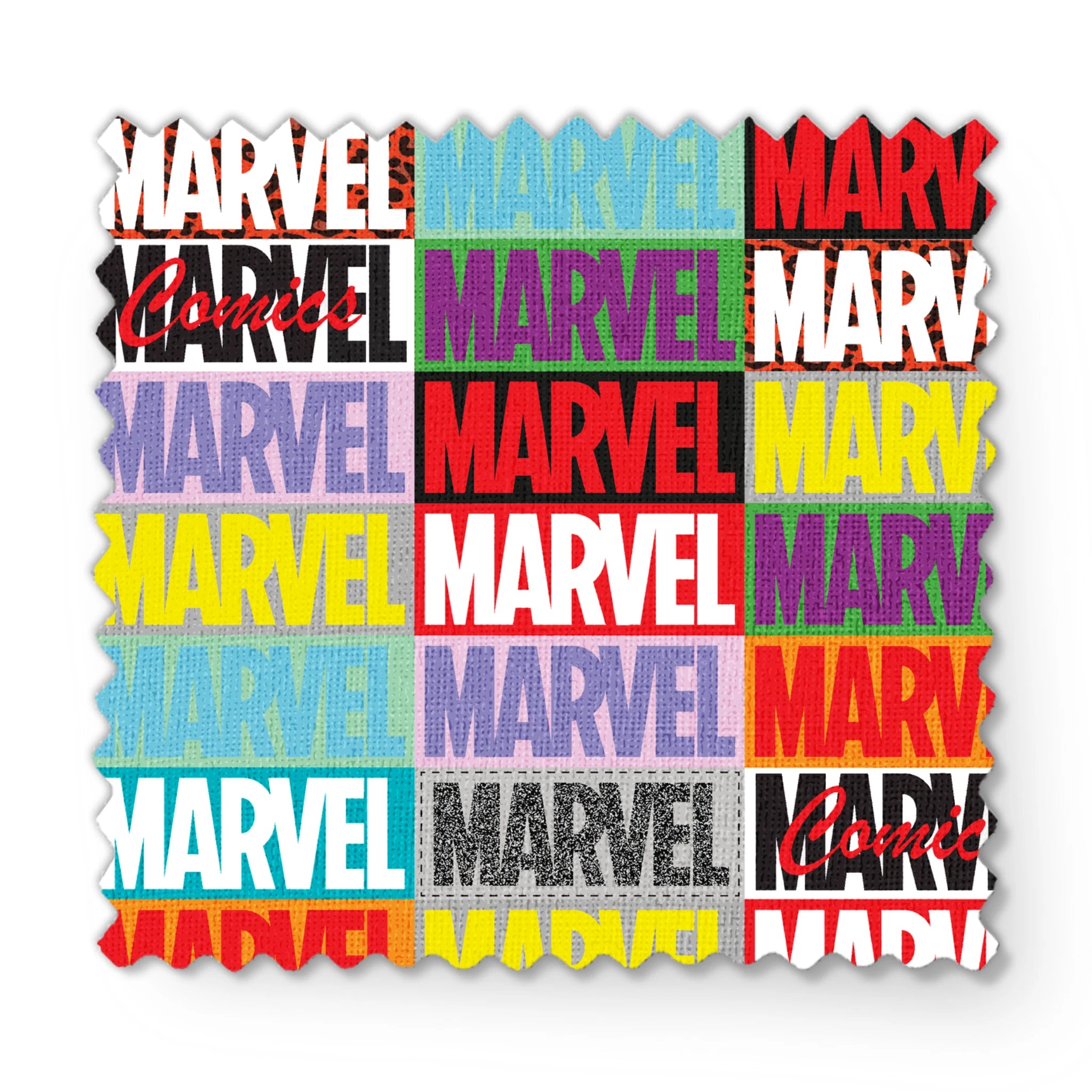 Colorful grid pattern of Marvel logos in various colors including red, blue, yellow, teal, purple, and gray against contrasting backgrounds fabric swatch mockup