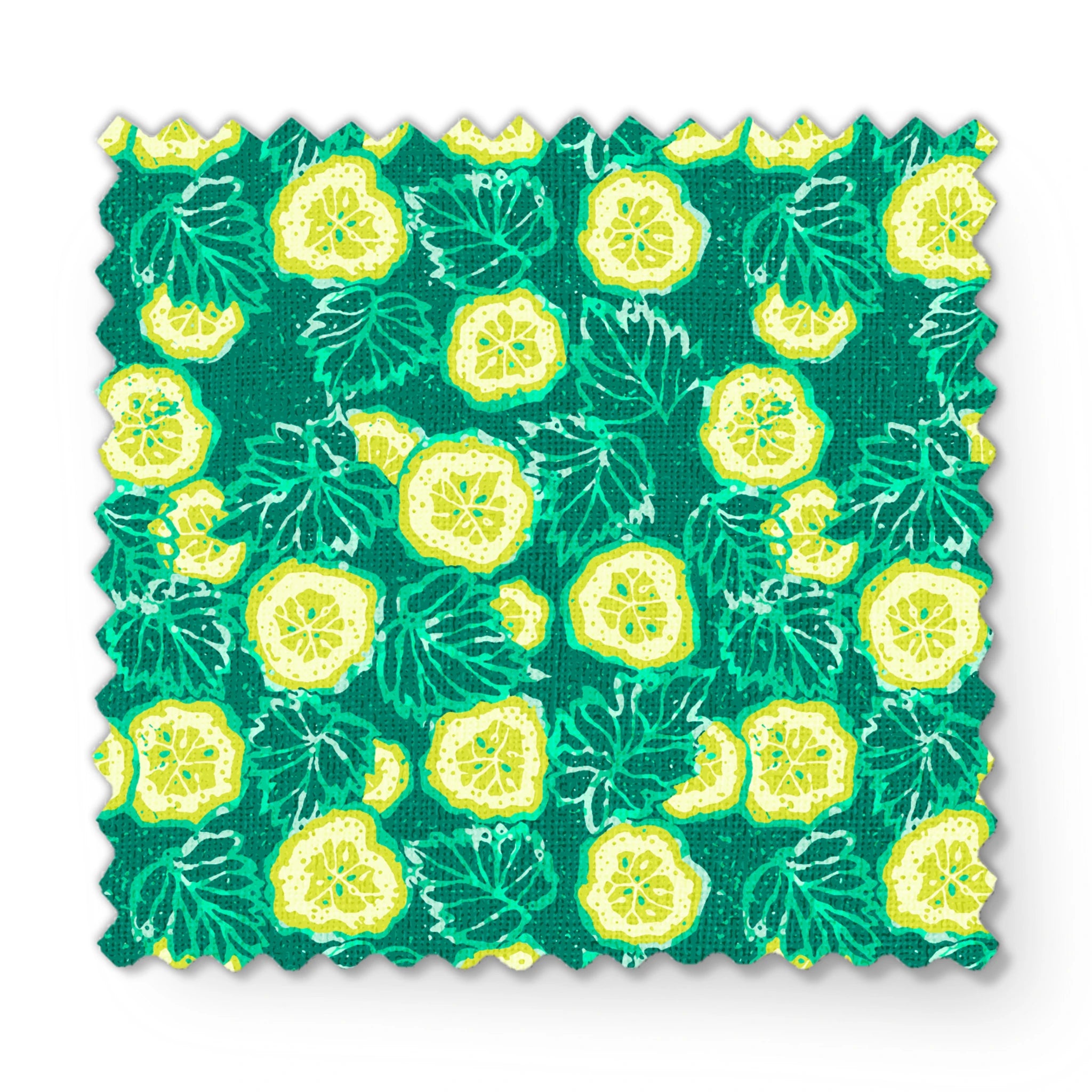 Vibrant green background with yellow cucumber slices and light green leafy patterns fabric swatch mockup