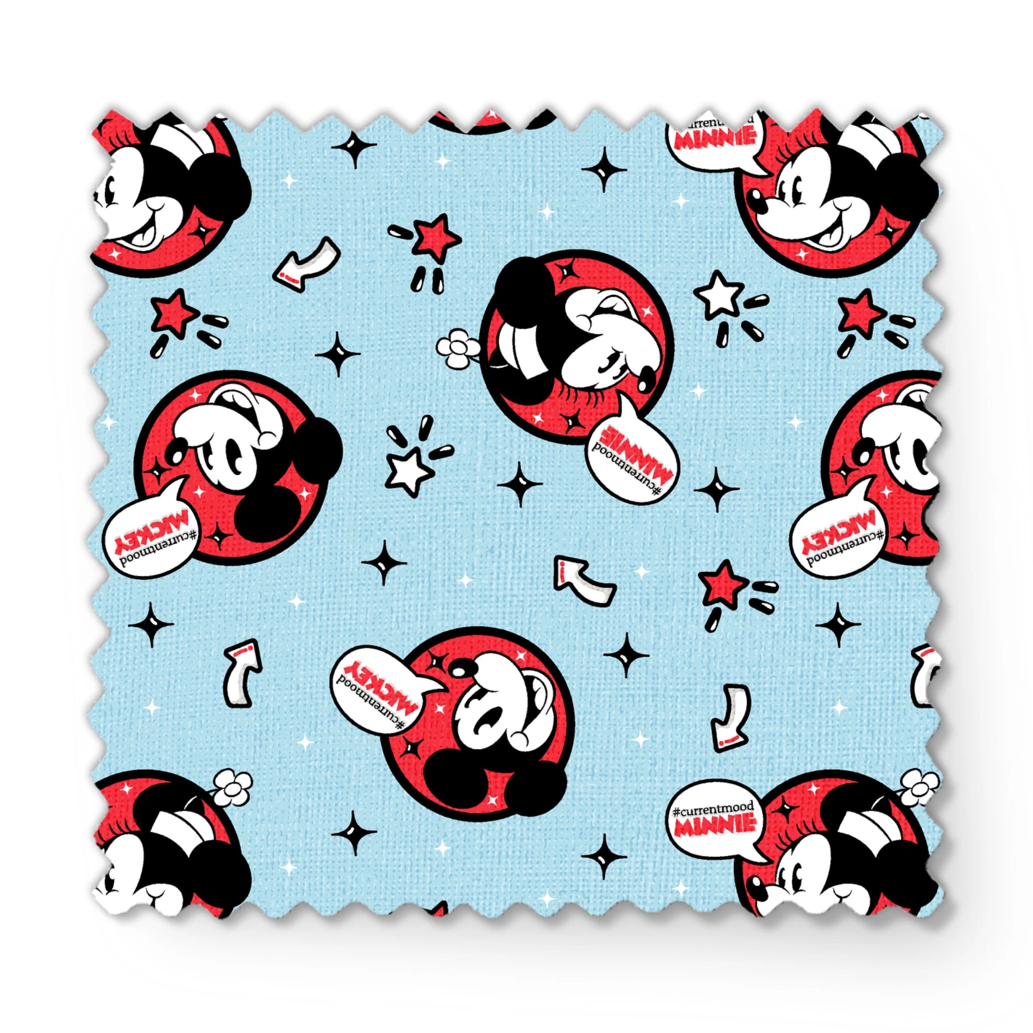 Disney Mickey Mouse pattern with red circular emblems on light blue background with stars and arrows fabric swatch mockup