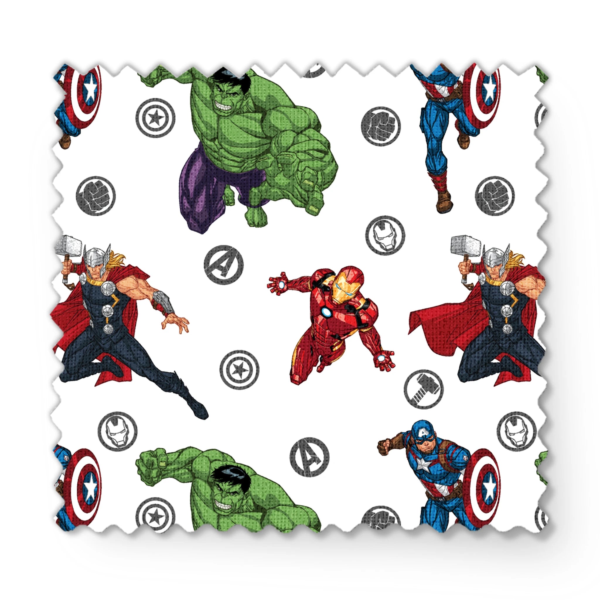 Marvel Avengers characters pattern with Hulk, Thor, Iron Man, and Captain America among superhero logos fabric swatch mockup