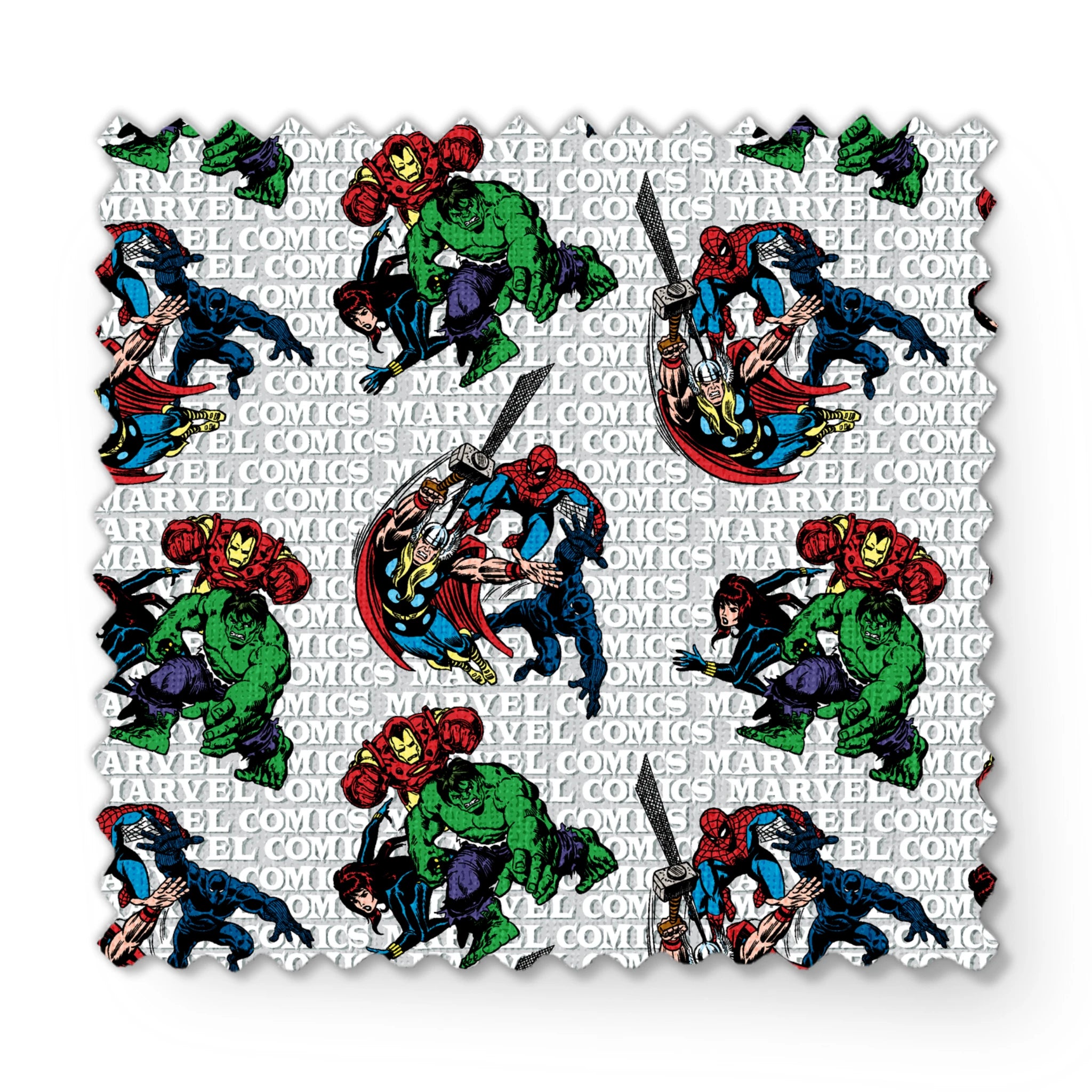 Marvel Comics superheroes pattern with Hulk, Iron Man, Captain America, and Spider-Man on a repeating text background. fabric swatch mockup