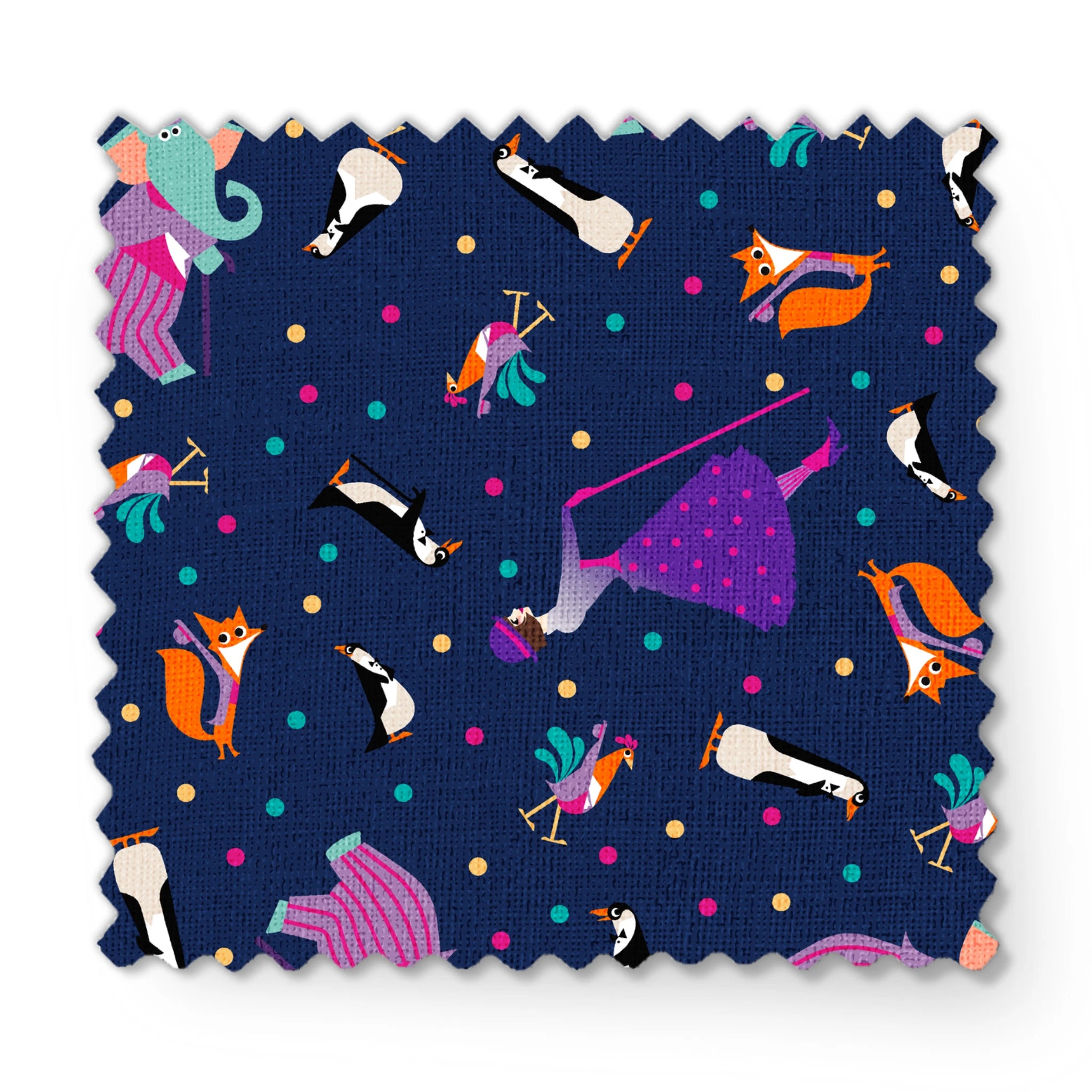 Colorful Mary Poppins pattern of whimsical animals including foxes and birds on a dark blue background with polka dots fabric swatch mockup