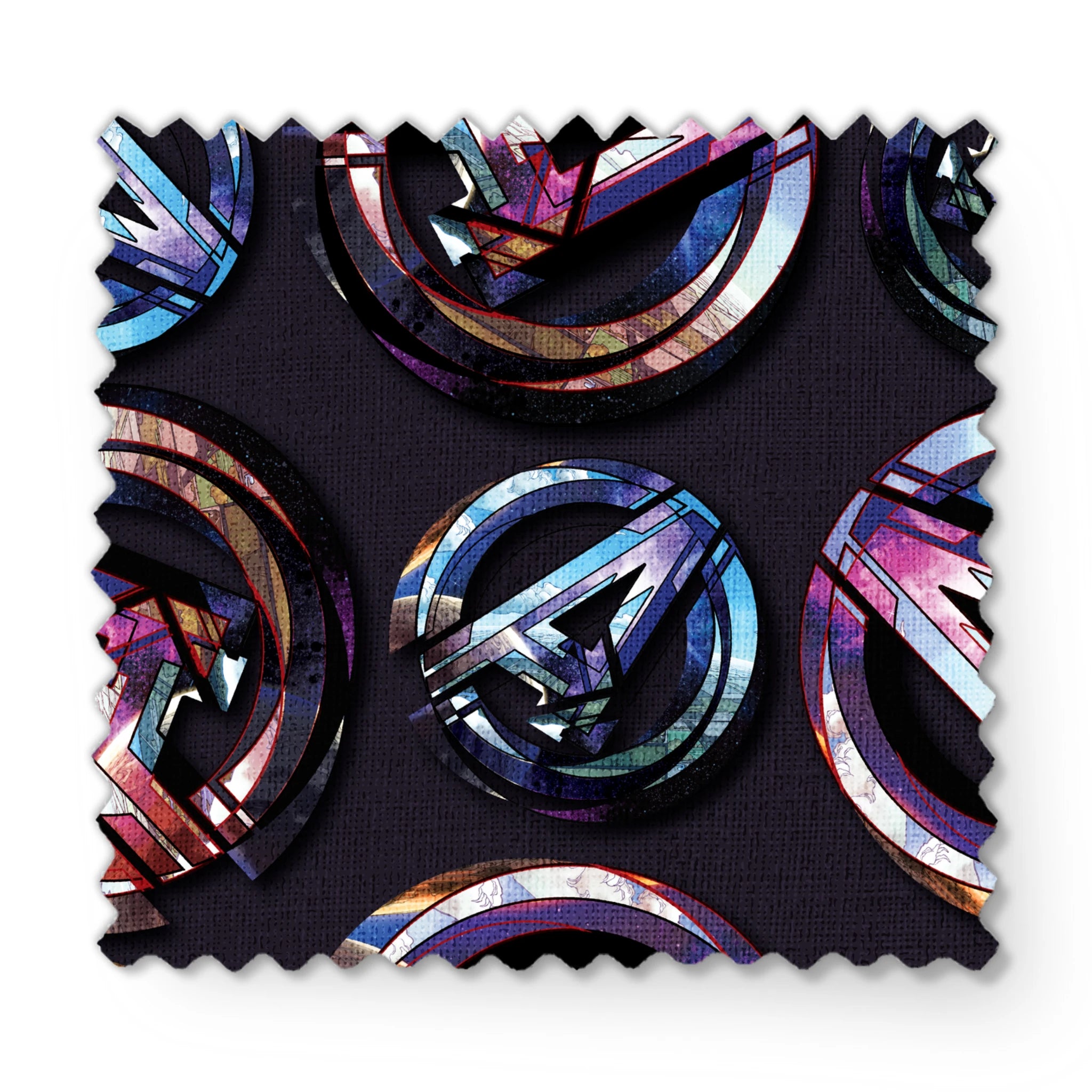 Colorful metallic Avengers logo pattern with iridescent purple and blue reflections on dark background fabric swatch mockup