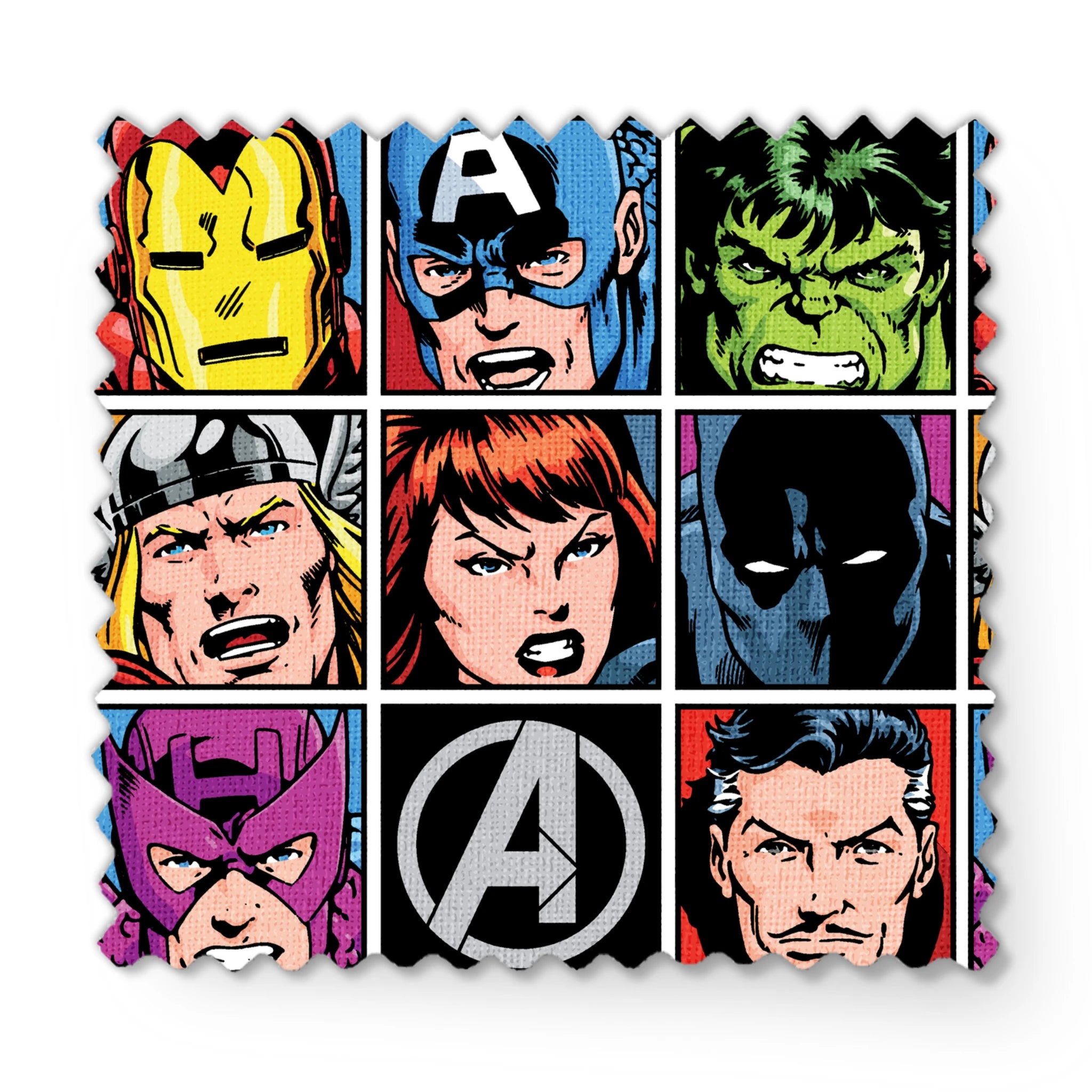 Marvel Avengers character portraits in comic style grid with colorful backgrounds showing superheroes and their iconic looks. fabric swatch mockup
