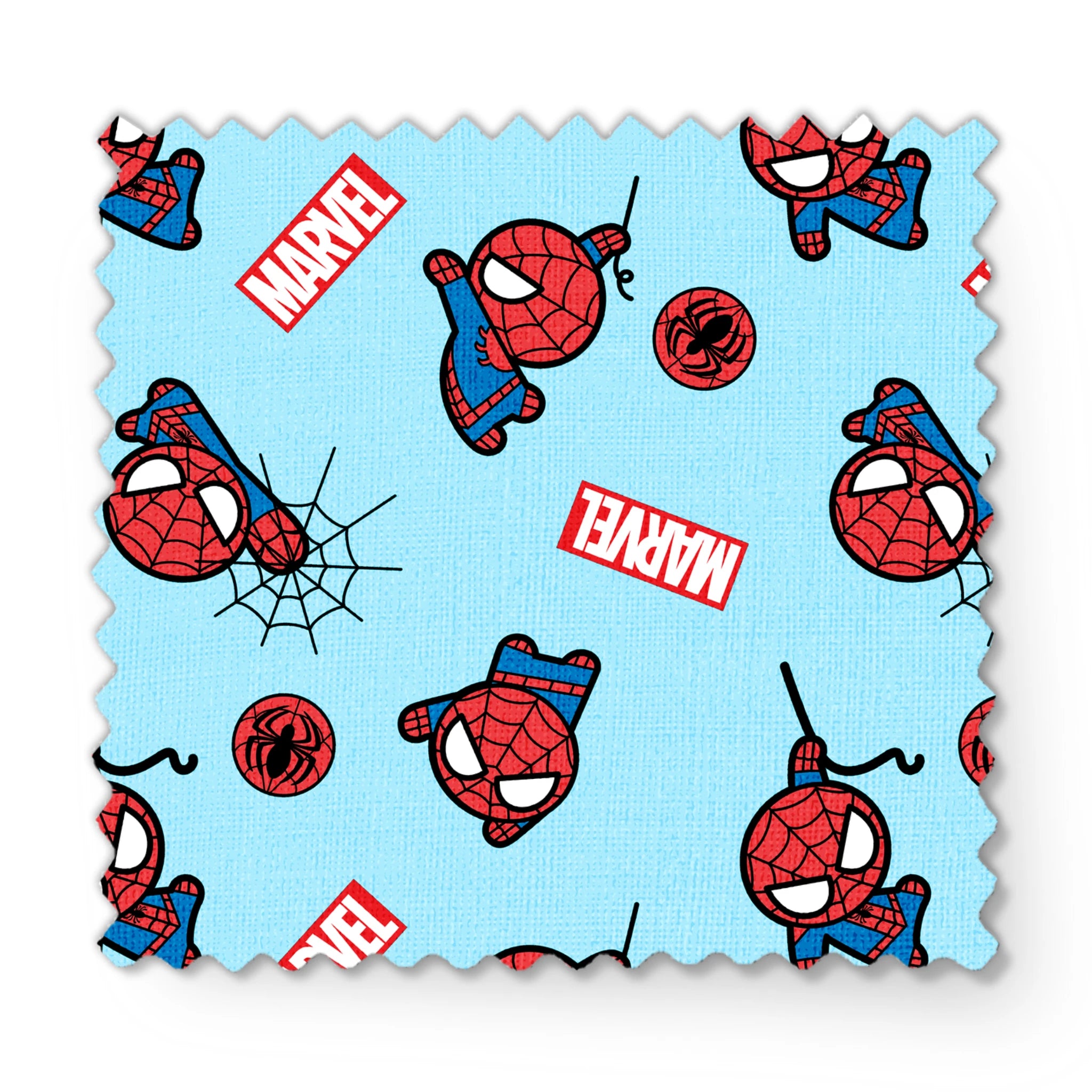 Spider-Man pattern with cartoon character poses, Marvel logos, and spider symbols on light blue background fabric swatch mockup