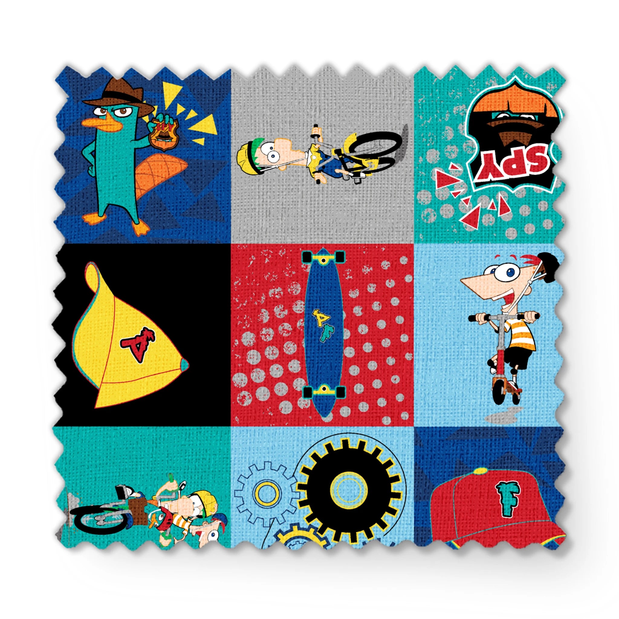 Phineas and Ferb cartoon characters in 9-square grid featuring Perry, logos, and mechanical designs fabric swatch mockup