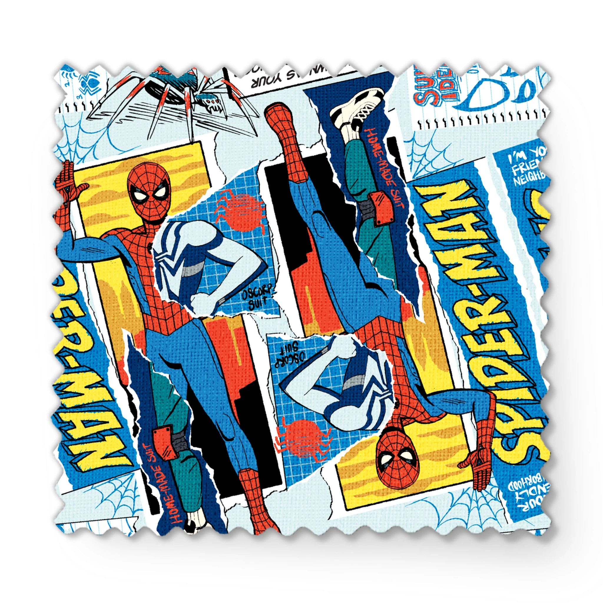 Spider-Man comic book style pattern with red and blue superheroes in action poses against web-themed background fabric swatch mockup