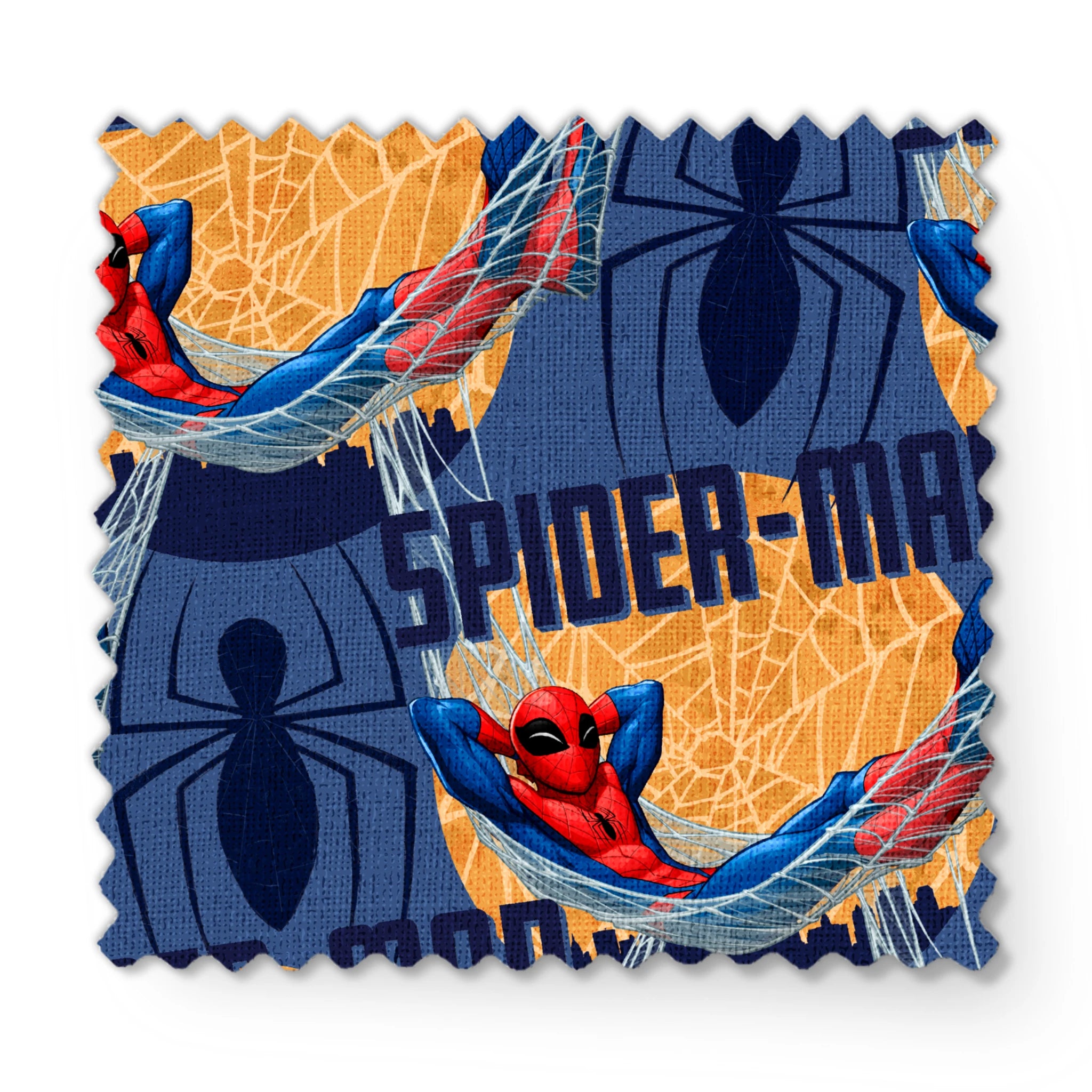 Spider-Man pattern with cartoon superhero in red and blue swinging on webbing against navy and gold background fabric swatch mockup